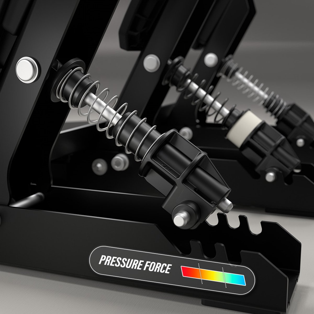 Close-up of black mechanical device with springs. A 'pressure force' indicator is visible. The background is gray.