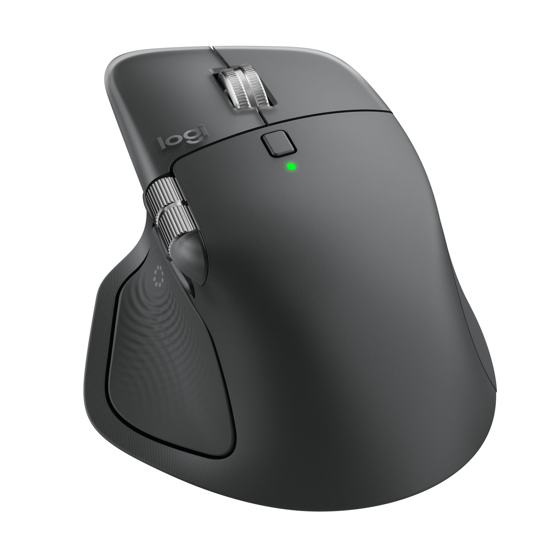 Een donkergrijze Logitech MX Master 3S muis. Het heeft meerdere knoppen en scrollwielen, een groen indicatielampje en het Logitech-logo.