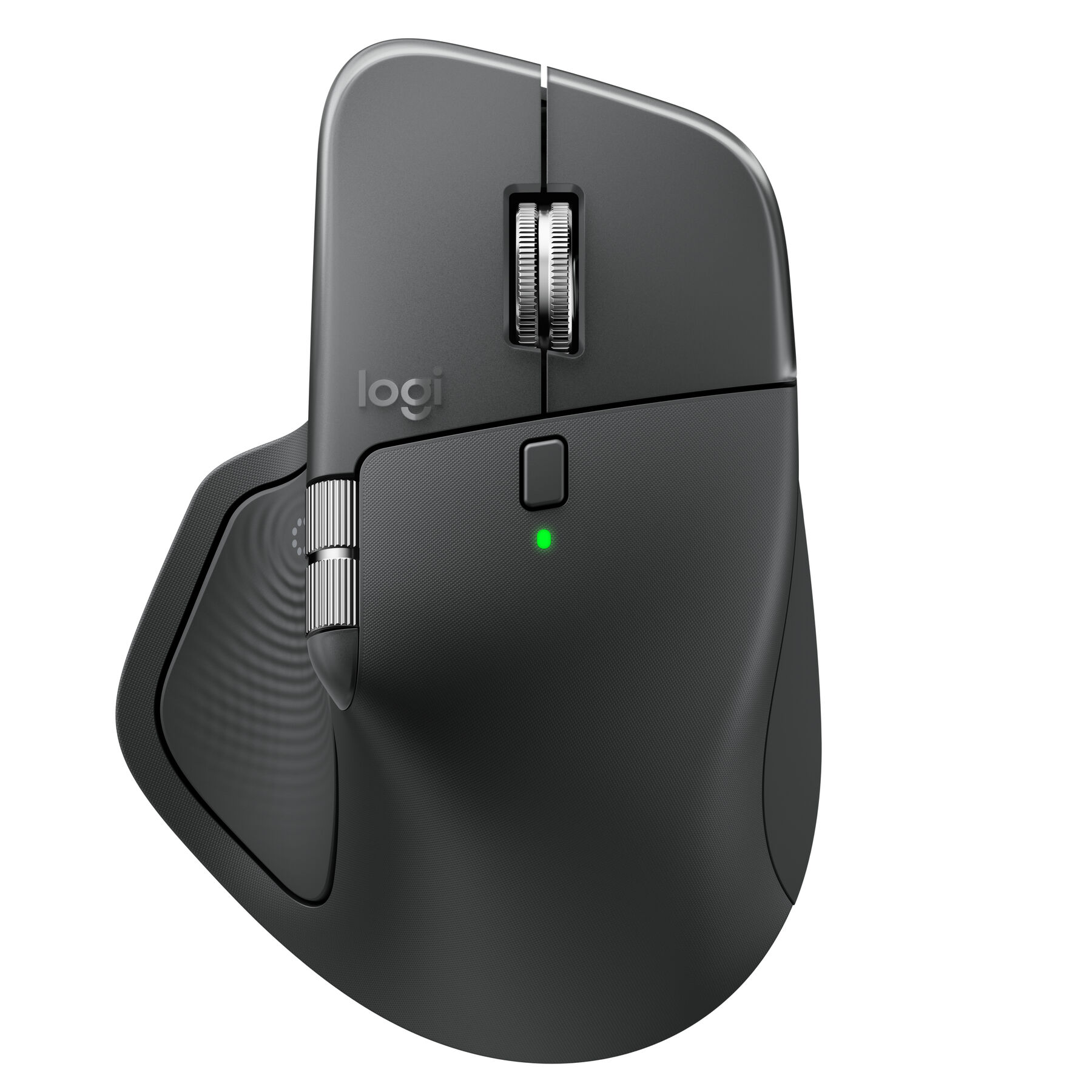 Een donkergrijze Logitech MX Master 3S muis. Het heeft meerdere knoppen en scrollwielen, en een groen lampje.