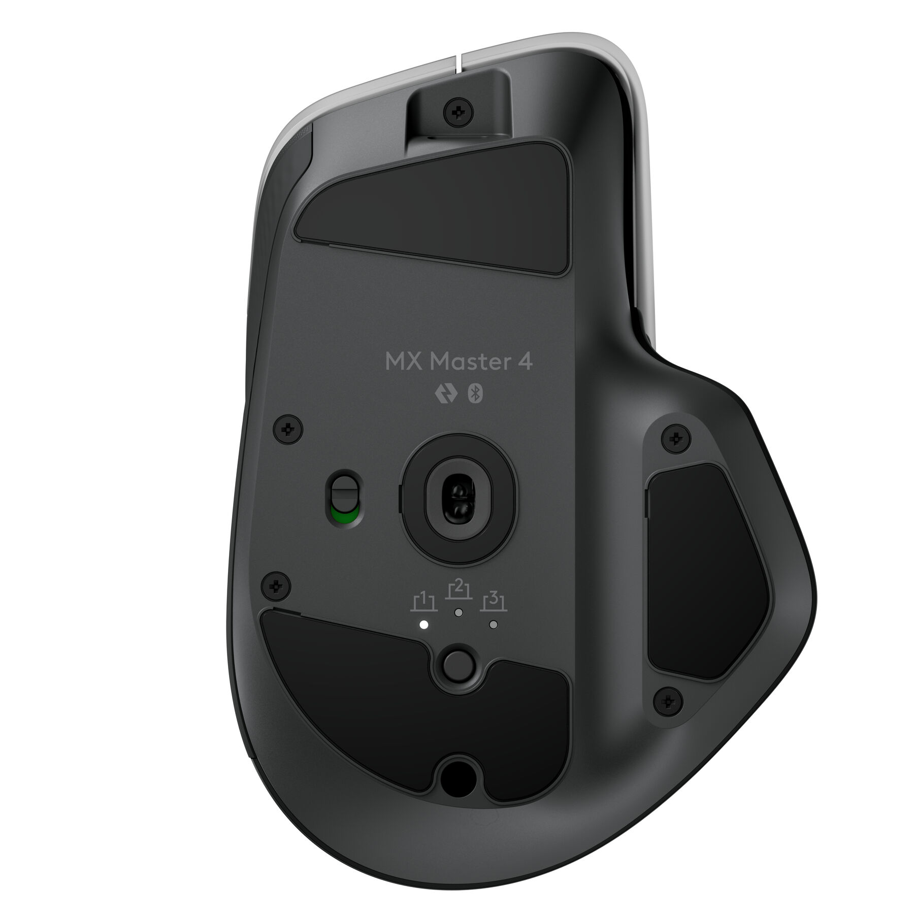 Onderkant van een zwarte Logitech MX Master 4 muis. Het heeft zwarte pads, knoppen en een groene aan/uit-schakelaar.