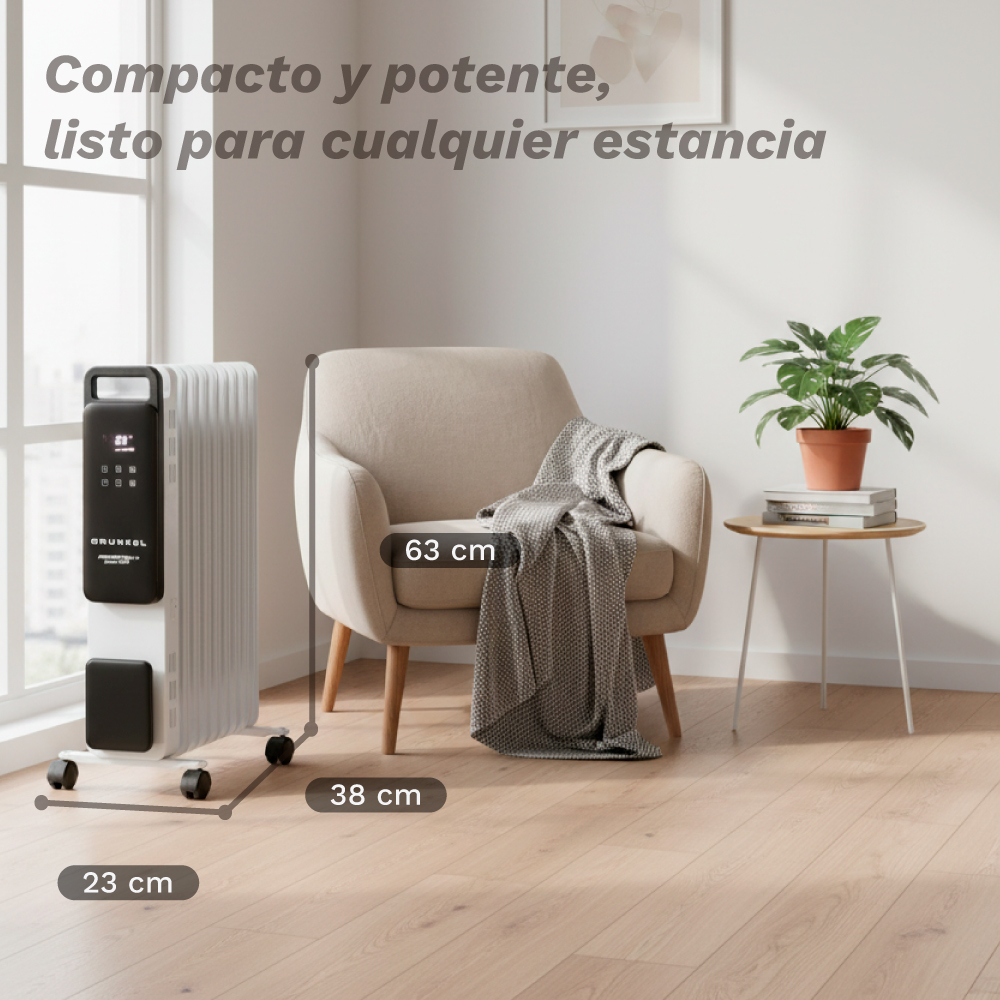 Un calefactor eléctrico junto a un sillón beige con una manta. Una mesa auxiliar con una planta está a la derecha. Se muestran las dimensiones.