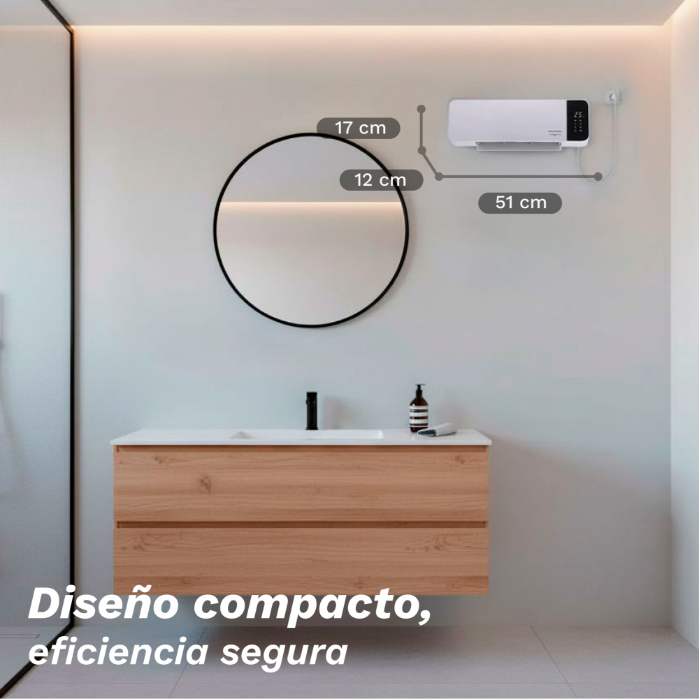 Escena de baño con espejo, lavabo y un calentador blanco en la pared. Texto: 'Diseño compacto, eficiencia segura'.