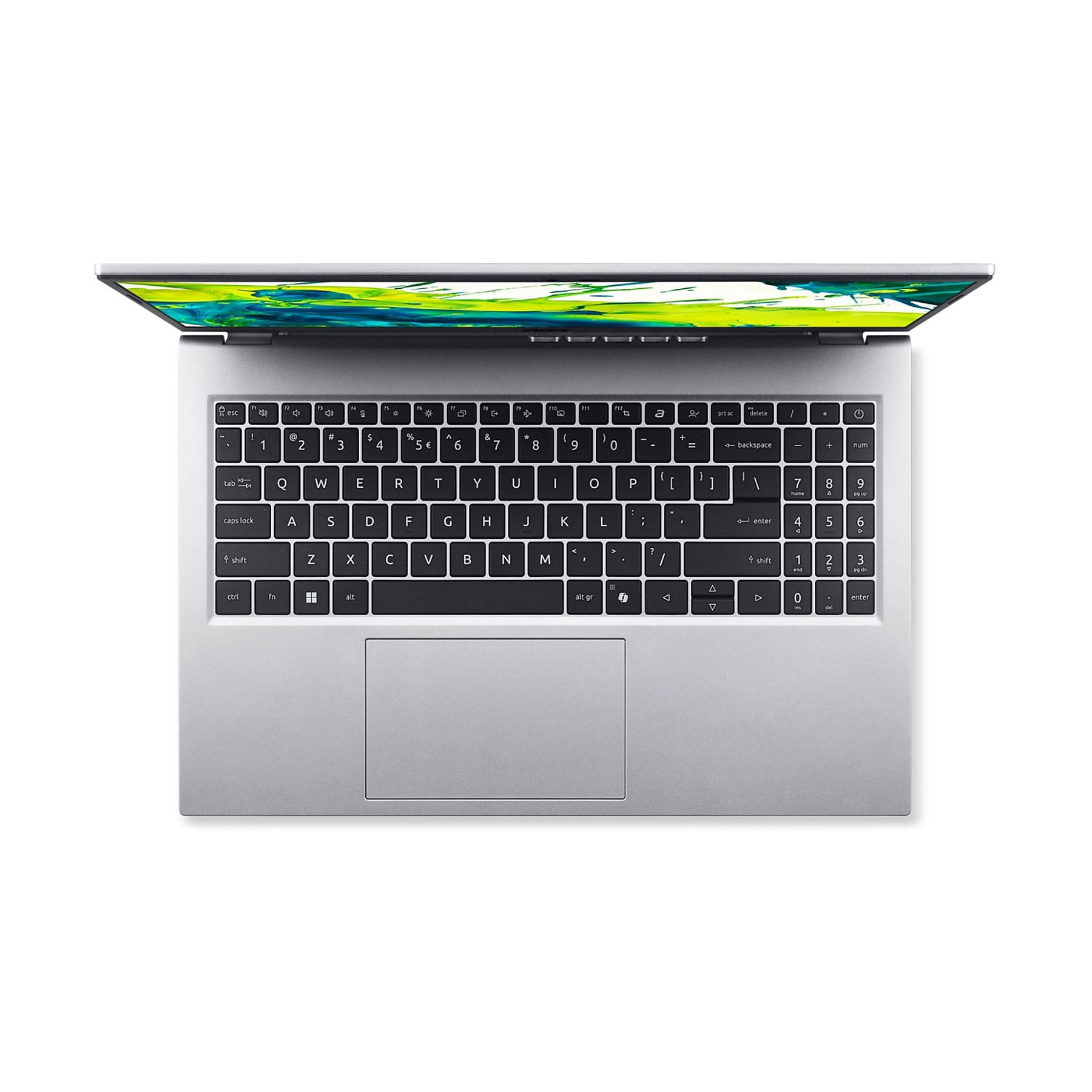 Laptop mit geöffnetem Bildschirm, Tastatur und Touchpad. Der Bildschirm zeigt ein farbenfrohes Muster.
