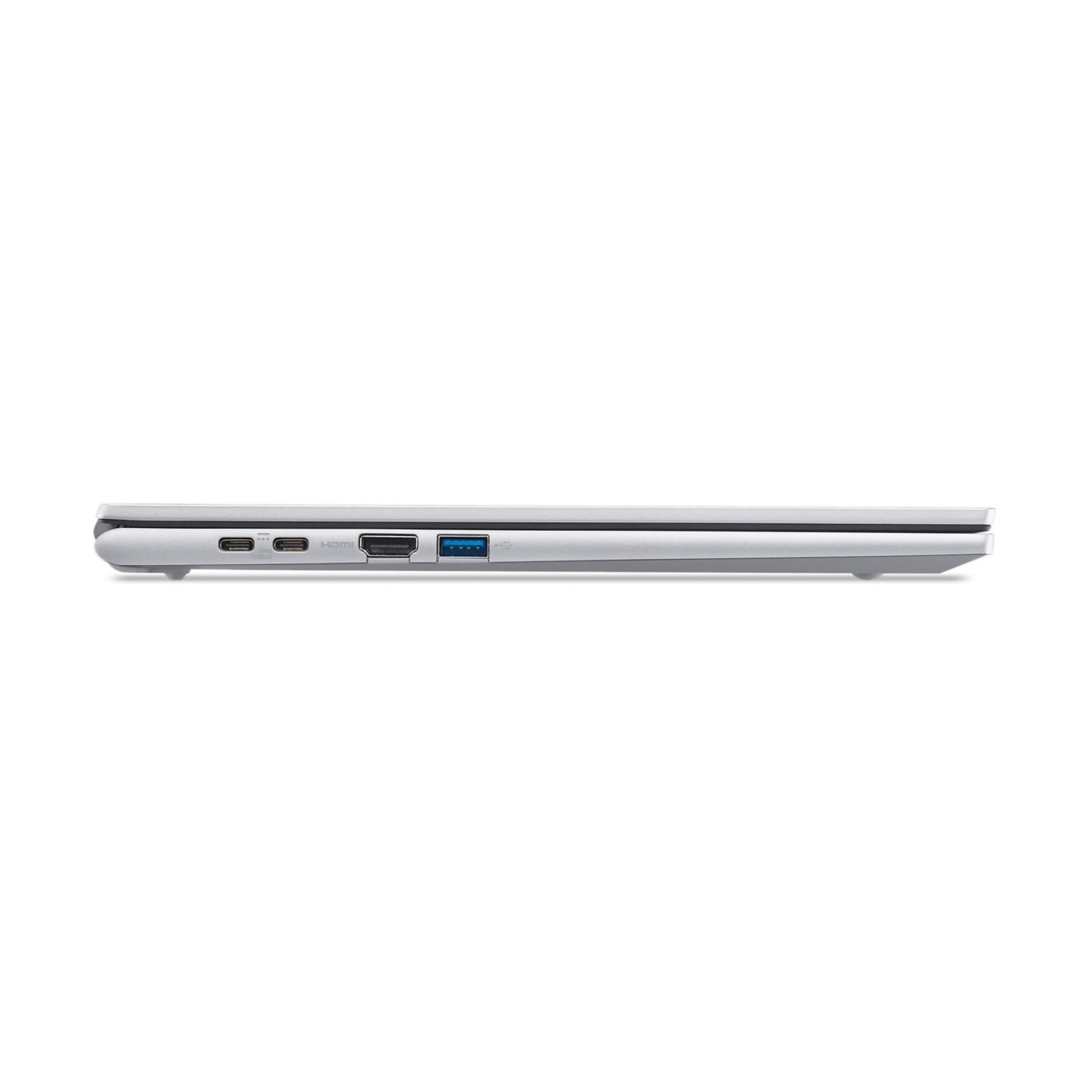 Seitenansicht eines silbernen Laptops. Sichtbare Anschlüsse sind USB, HDMI und Laden. Der Hintergrund ist weiß.