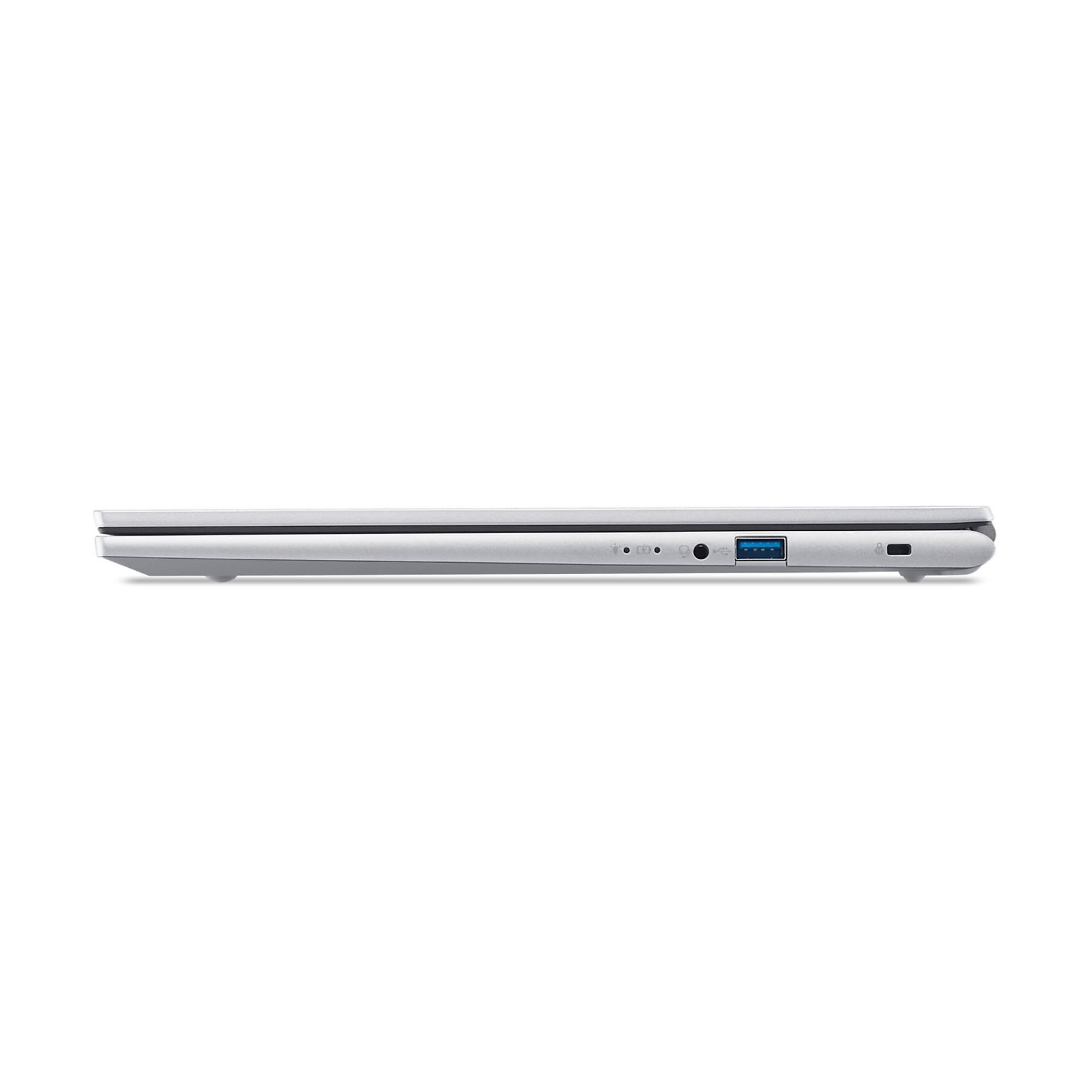 Seitenansicht eines silbernen Laptops. Sichtbare Anschlüsse sind USB, Audio und Strom, vor weißem Hintergrund.