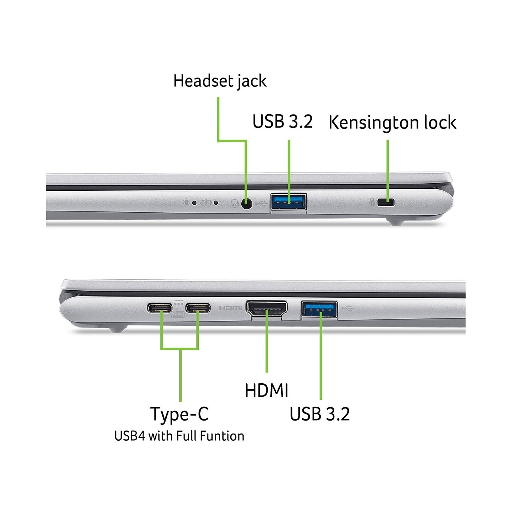Seitenansicht des Laptops mit Anschlüssen: Kopfhöreranschluss, USB 3.2, Kensington-Schloss, Typ-C, HDMI und ein weiteres USB 3.2.