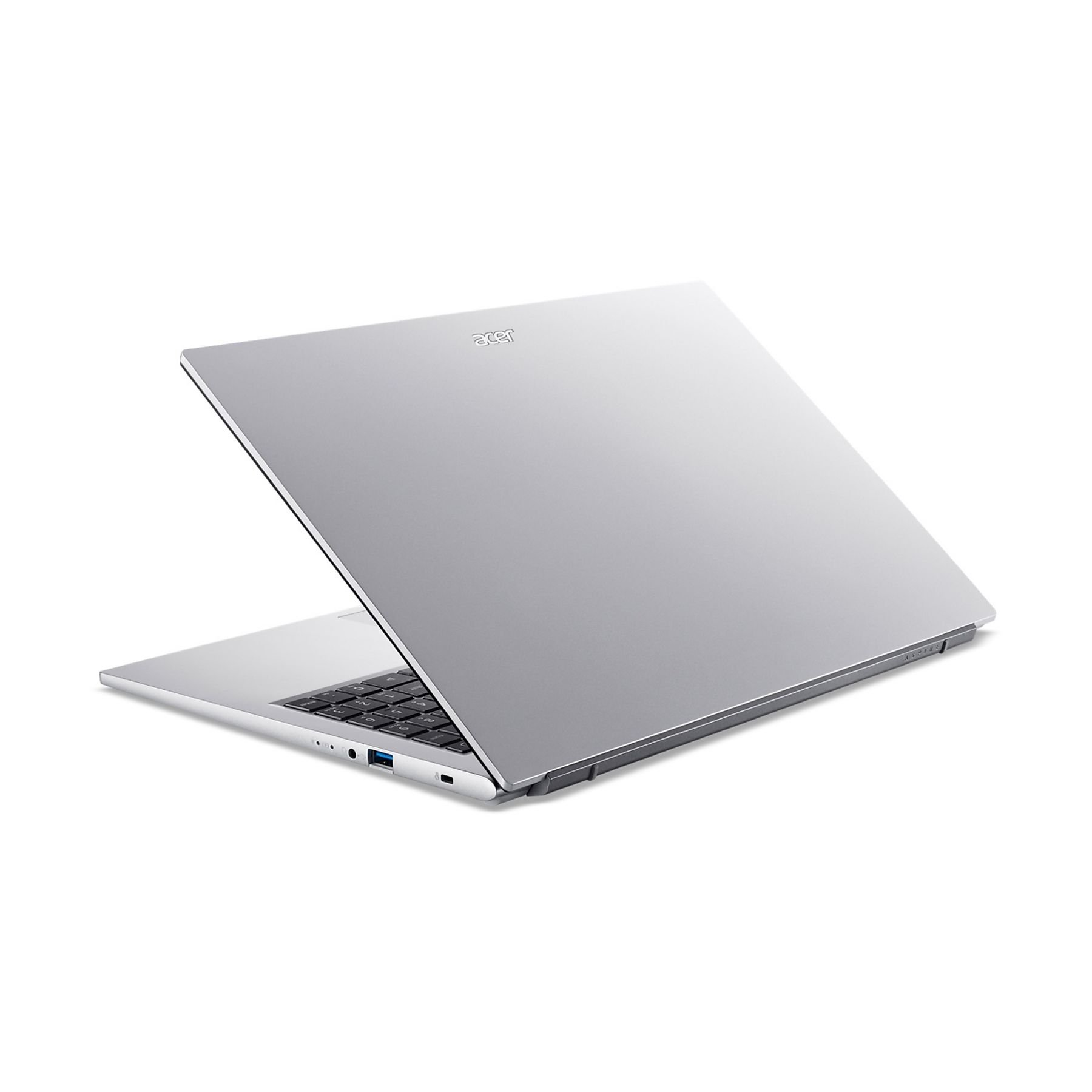 Silberner Acer-Laptop leicht geöffnet, Tastatur und Anschlüsse auf weißem Hintergrund. Das Acer-Logo ist sichtbar.