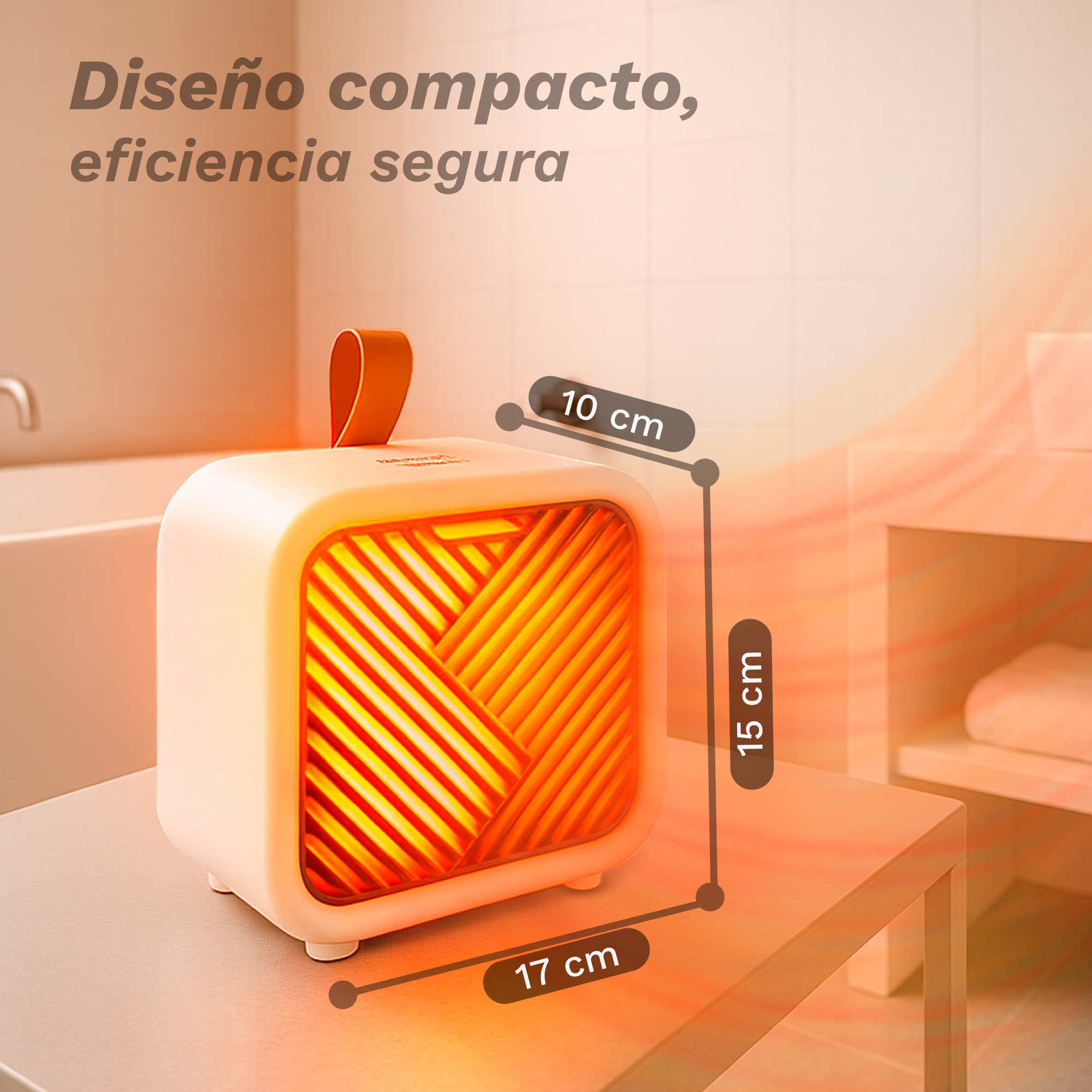 Un calefactor portátil blanco y naranja está sobre una mesa. Se muestran las dimensiones. El texto dice: diseño compacto, eficiencia segura.