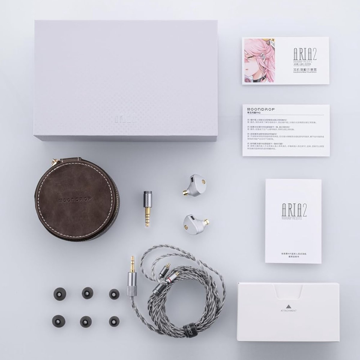 Oortelefoons en accessoires. Inclusief doos, etui, oordopjes, kabel en kaarten. Zilver en grijs.
