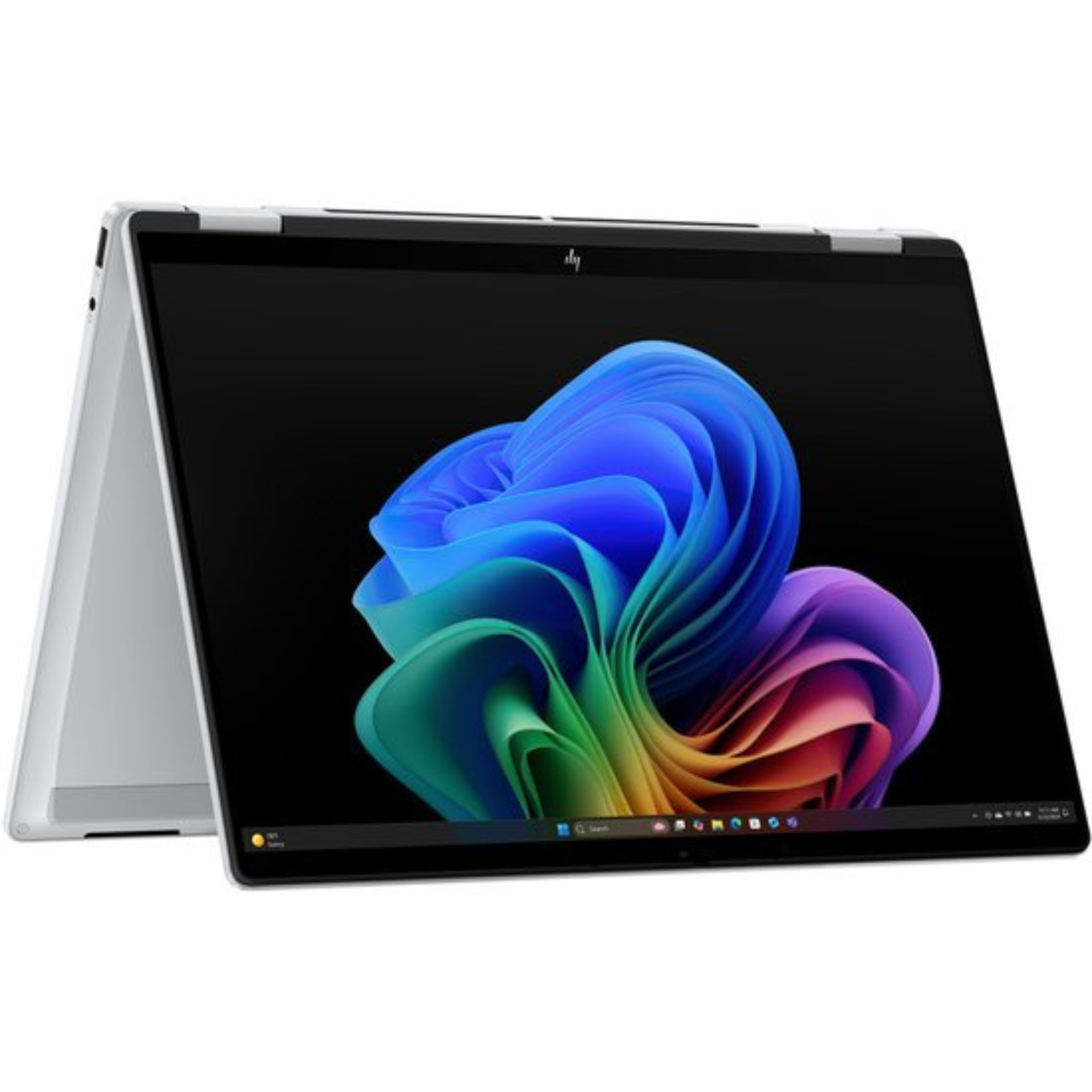 Zilveren HP-laptop met zwart scherm met een kleurrijk abstract ontwerp. Het scherm is open.