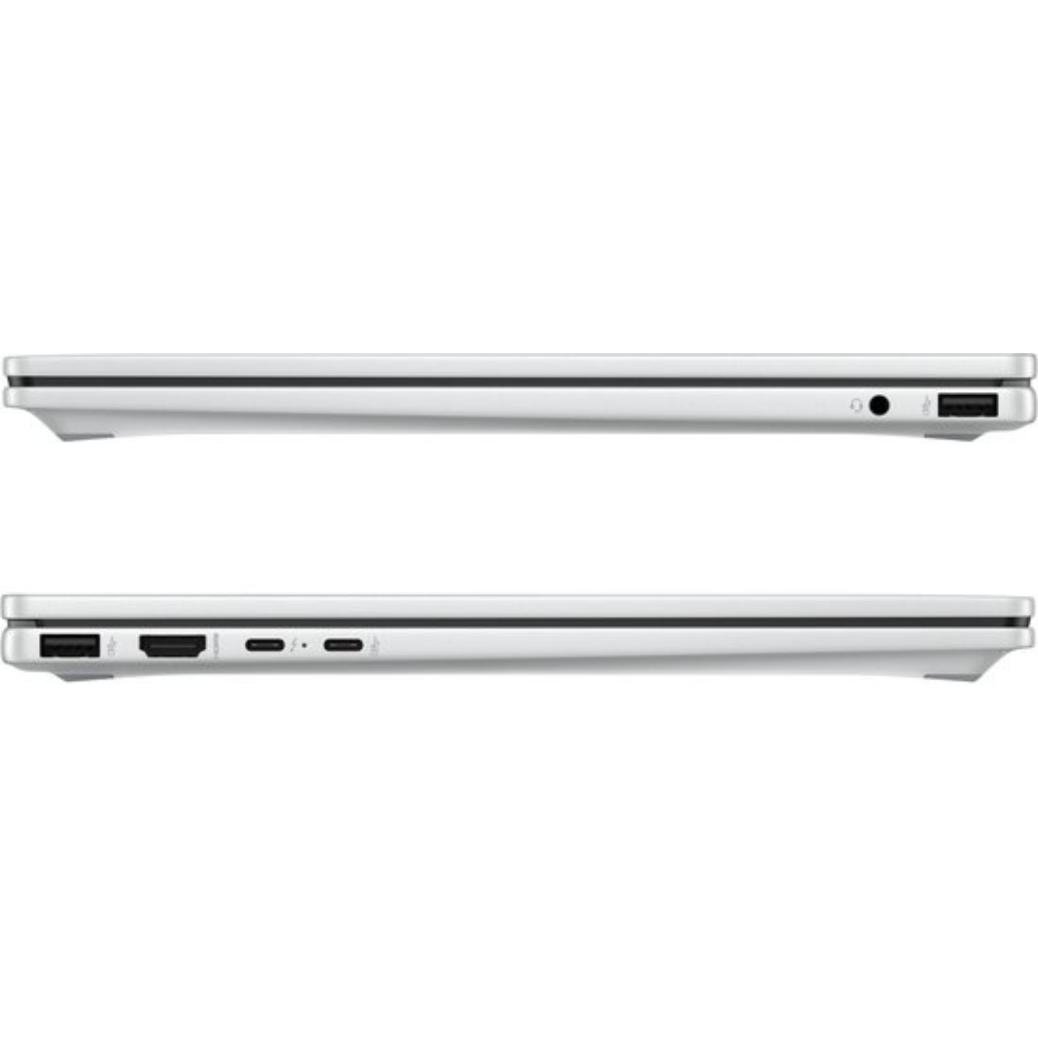 Twee zijaanzichten van een zilveren laptop. Bovenaanzicht toont koptelefoonaansluiting en USB-poort.