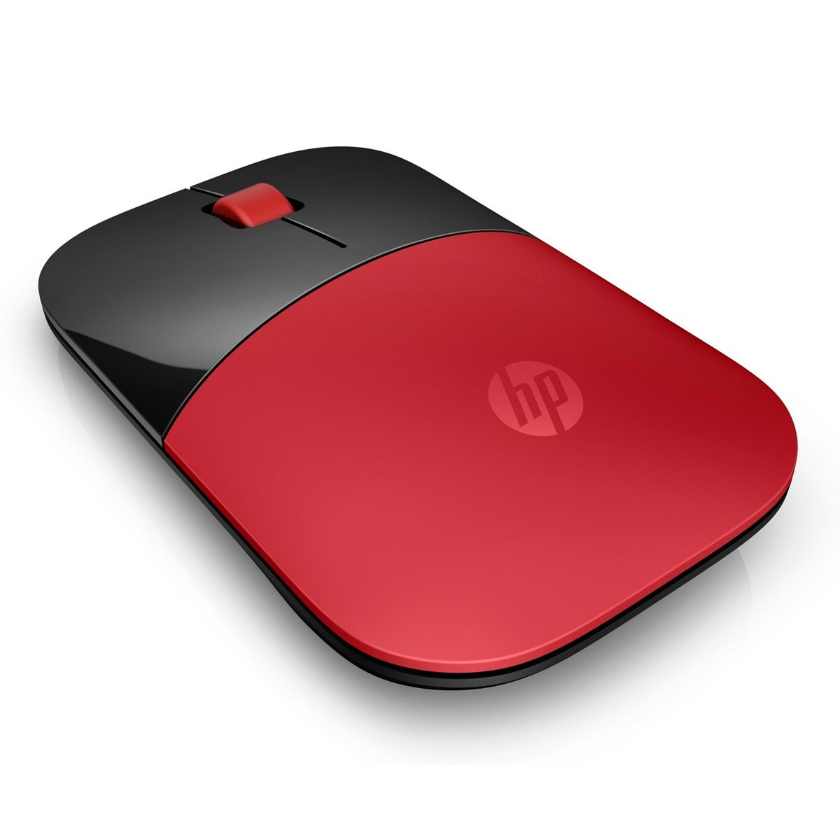 Un mouse wireless HP rosso e nero. La parte superiore è rossa con il logo HP e il retro è nero. La rotella è rossa.