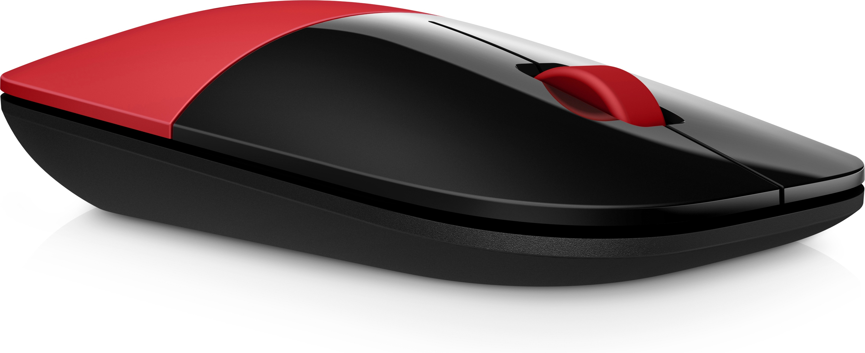 Un mouse per computer con parte superiore e rotella rosse e base nera. È su una superficie bianca con un'ombra.