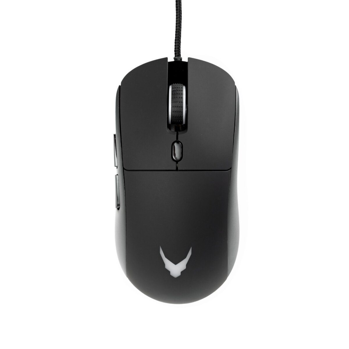 Un mouse per computer nero con rotella e pulsanti laterali è centrato su sfondo bianco. Un logo è visibile sul mouse.