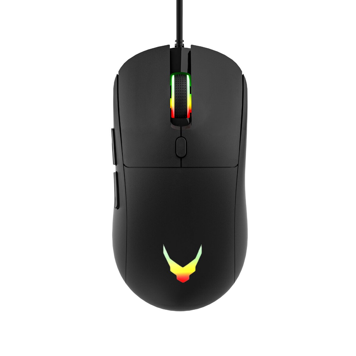 Mouse da gioco nero con luci colorate sulla rotella e sul logo. Ha pulsanti laterali e una connessione cablata.