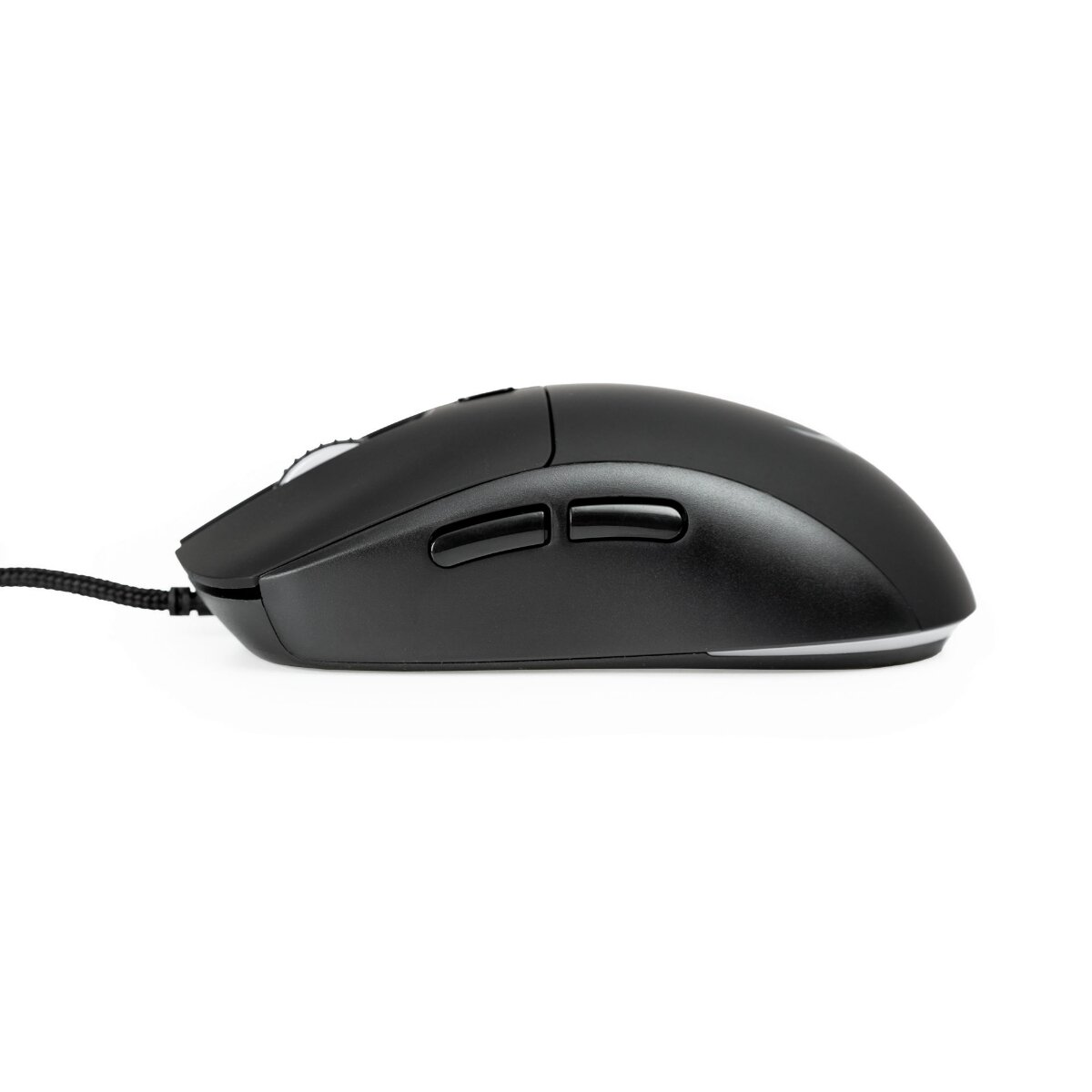 A black computer mouse with side buttons and a braided cable on a white background.