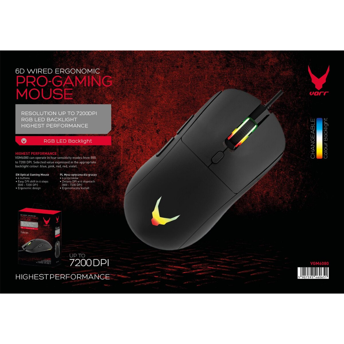 Mouse da gioco ergonomico nero con illuminazione RGB. Il mouse è su sfondo rosso e nero. Testo e logo sono presenti.
