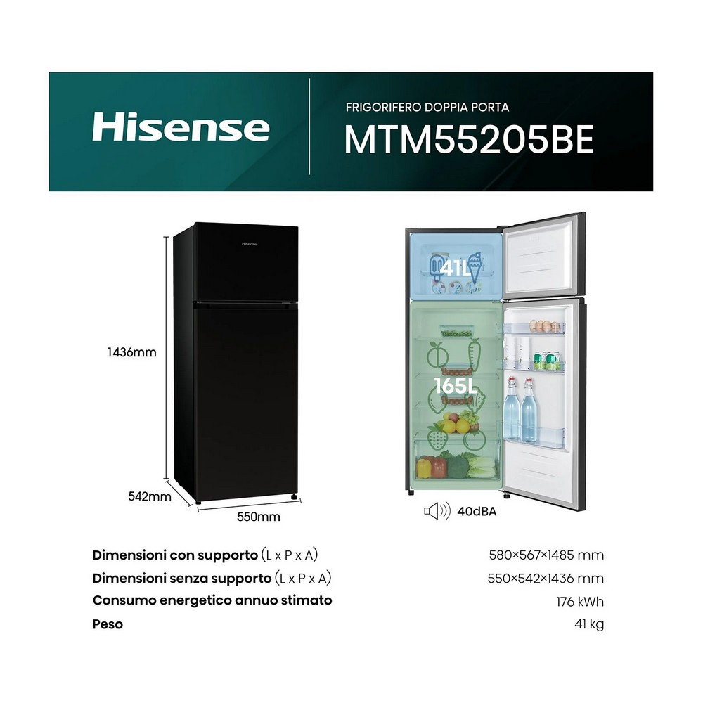 Un frigorifero Hisense nero con porta aperta, che mostra l'interno con cibo e dimensioni in mm. Modello MTM55205BE.
