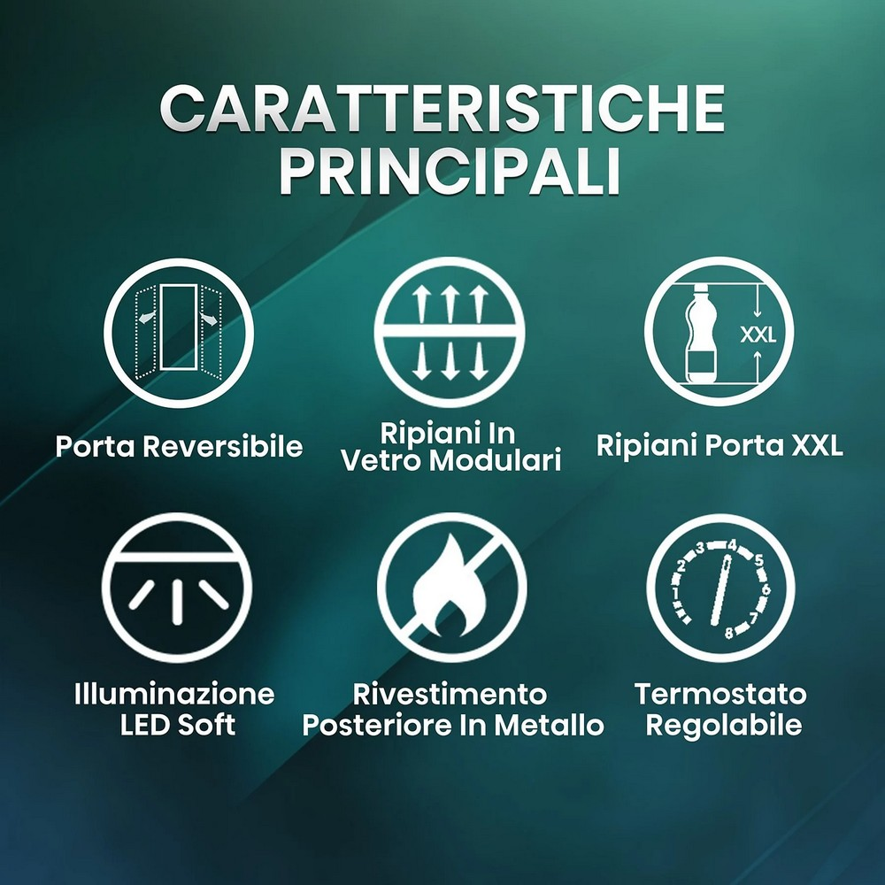 Immagine con sei icone e testo italiano, tra cui 'Porta Reversibile', 'Ripiani In Vetro Modulari' e 'Termostato Regolabile'.