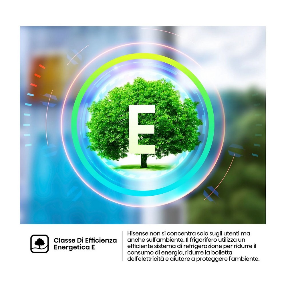 Un albero verde con una 'E' bianca all'interno, circondato da un design circolare blu e verde. Il testo in basso dice efficienza energetica E.