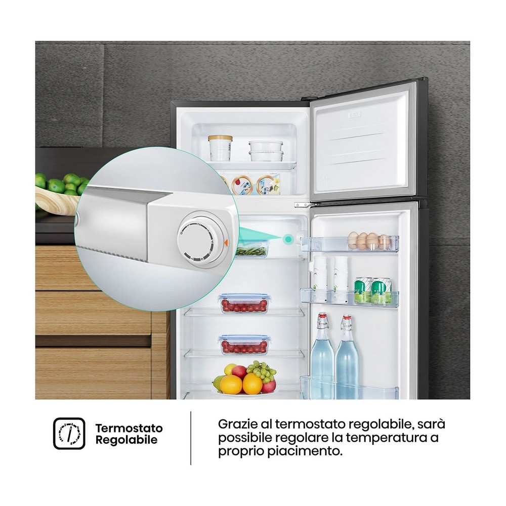 Un frigorifero aperto mostra ripiani con cibo e bevande. Un primo piano mostra il termostato regolabile. Il testo dice "Termostato regolabile".