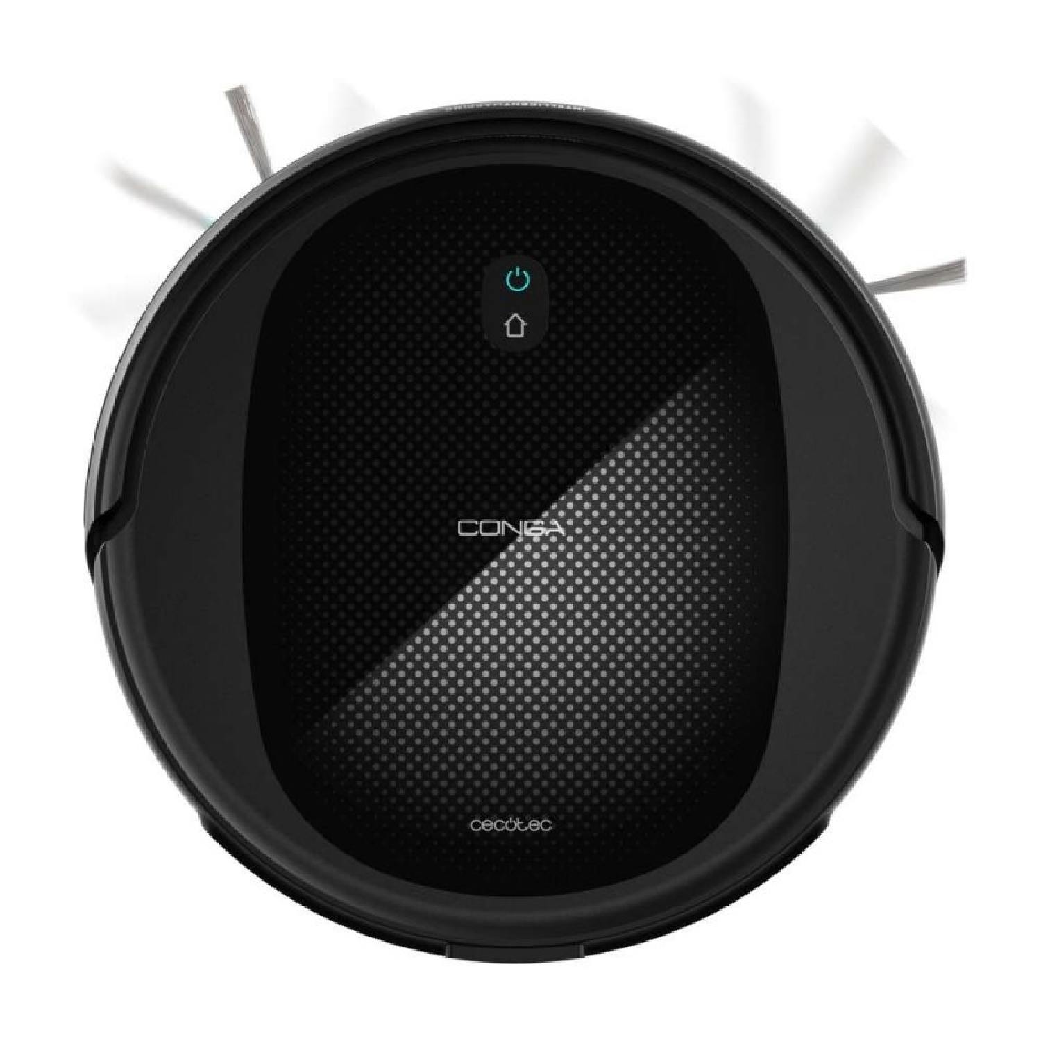 Un robot aspirador circular negro, vista superior, con botones de encendido y de inicio. Se ve la marca 'CONGA' y 'cecotec'.