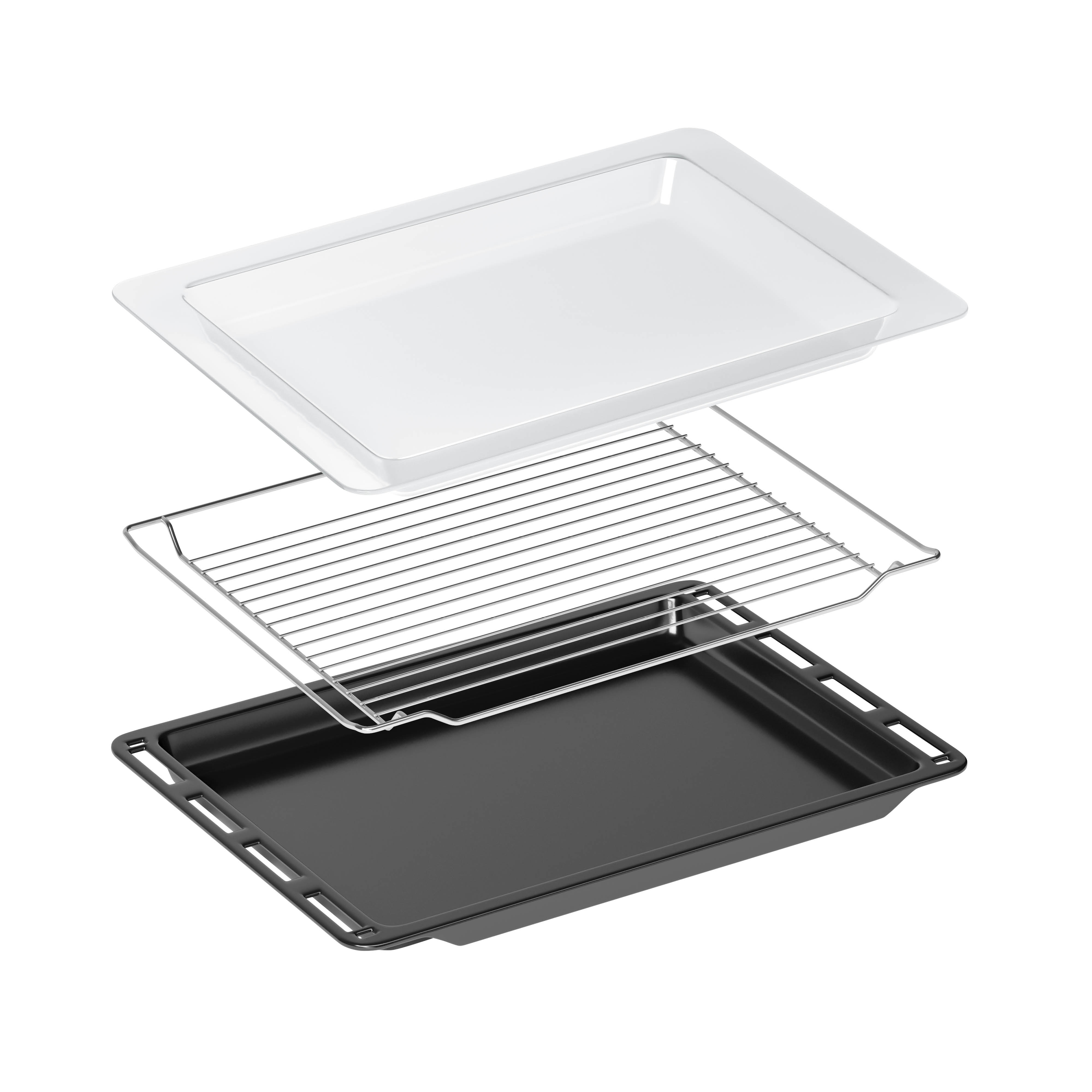 An oven's components: a clear tray, a wire rack, and a black baking tray, arranged vertically against a white backdrop.