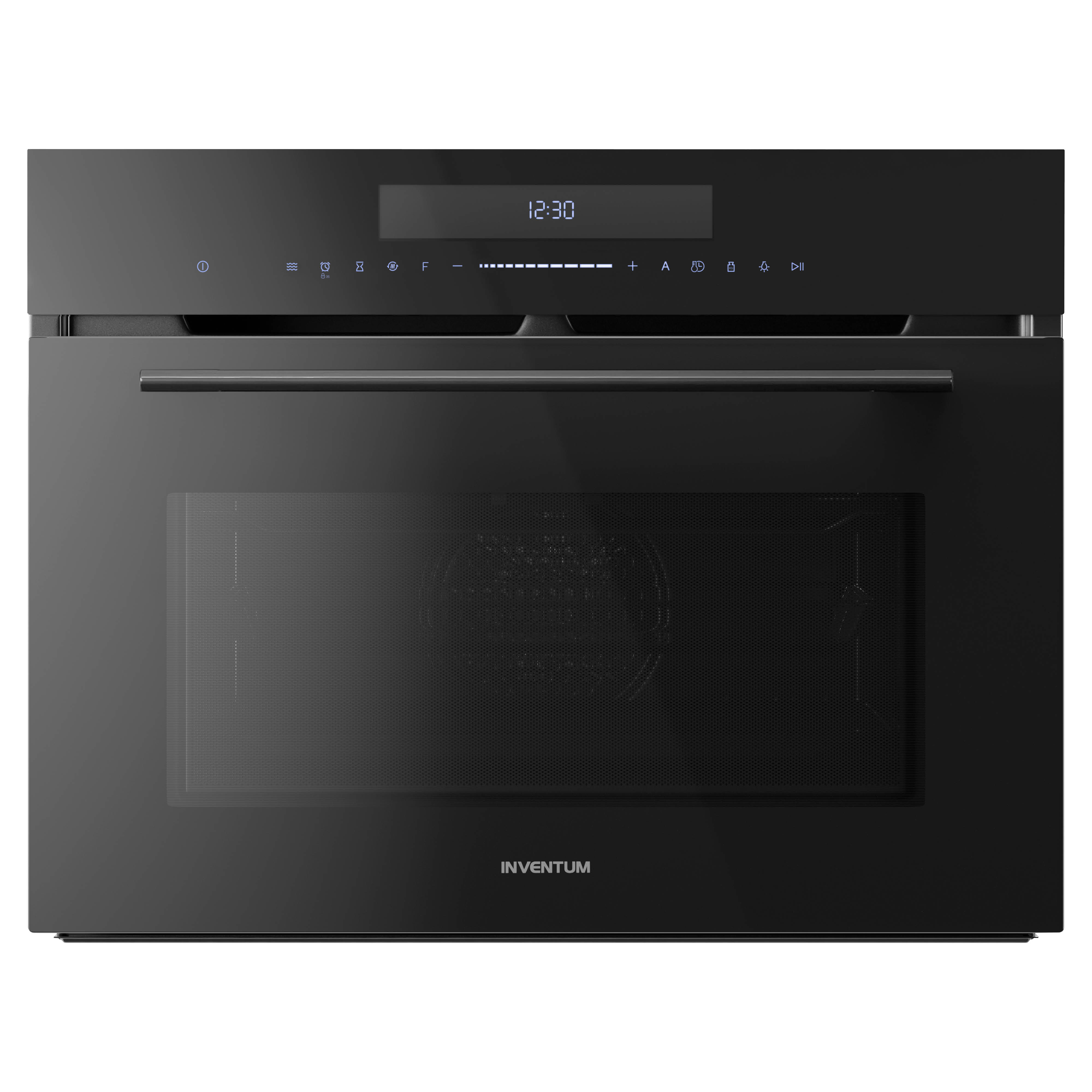 Black built-in microwave oven with a digital clock display. It has control buttons and a handle. The brand is INVENTUM.