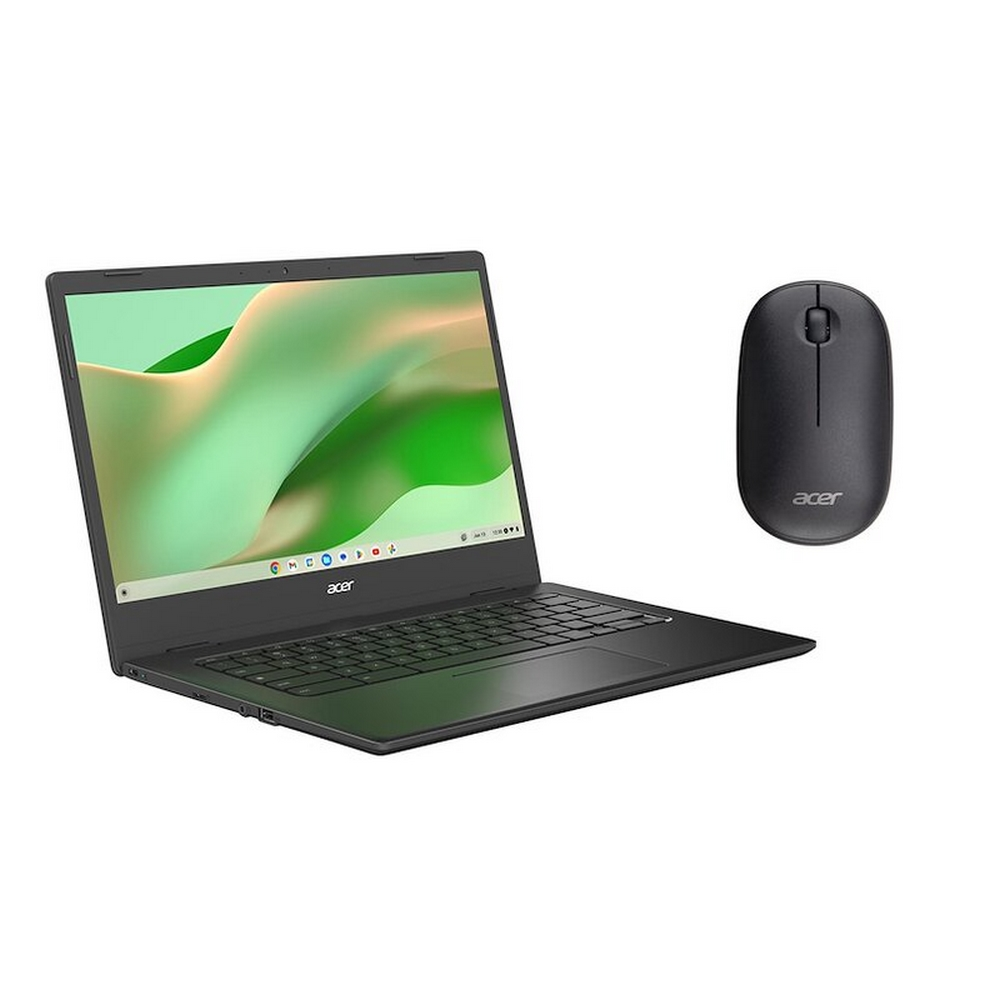 Un laptop Acer nero è aperto a sinistra, con un mouse nero a destra. Lo schermo mostra un design verde e bianco.