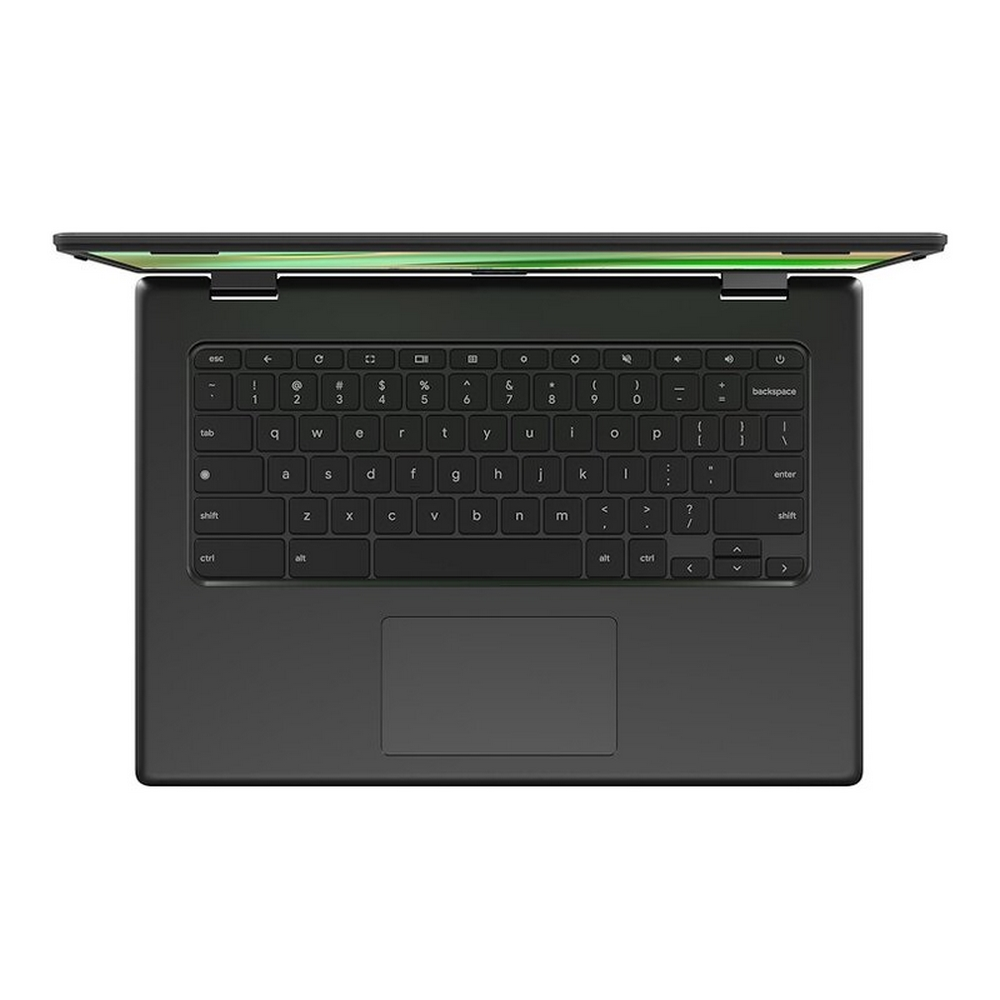 Vista dall'alto di un laptop nero con lo schermo leggermente aperto. La tastiera è visibile, con un touchpad sotto.