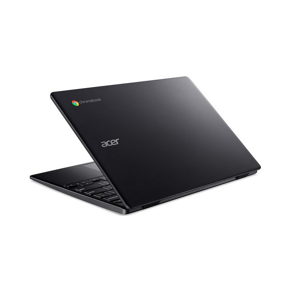 Laptop Acer Chromebook nero su sfondo bianco, aperto con tastiera visibile. Logo Chromebook in alto a sinistra.