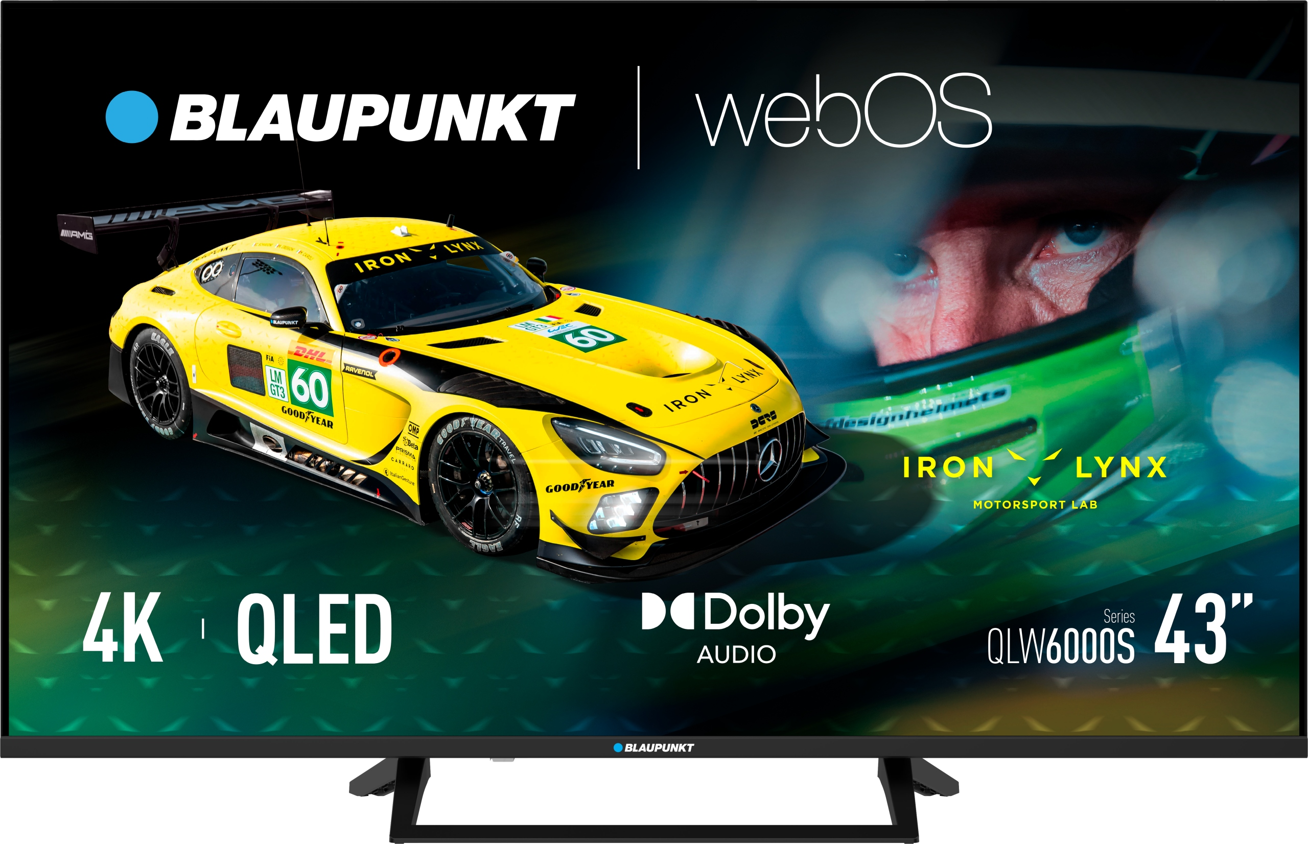 Un'auto da corsa gialla con il numero 60 su uno schermo TV Blaupunkt, con il volto di un pilota.