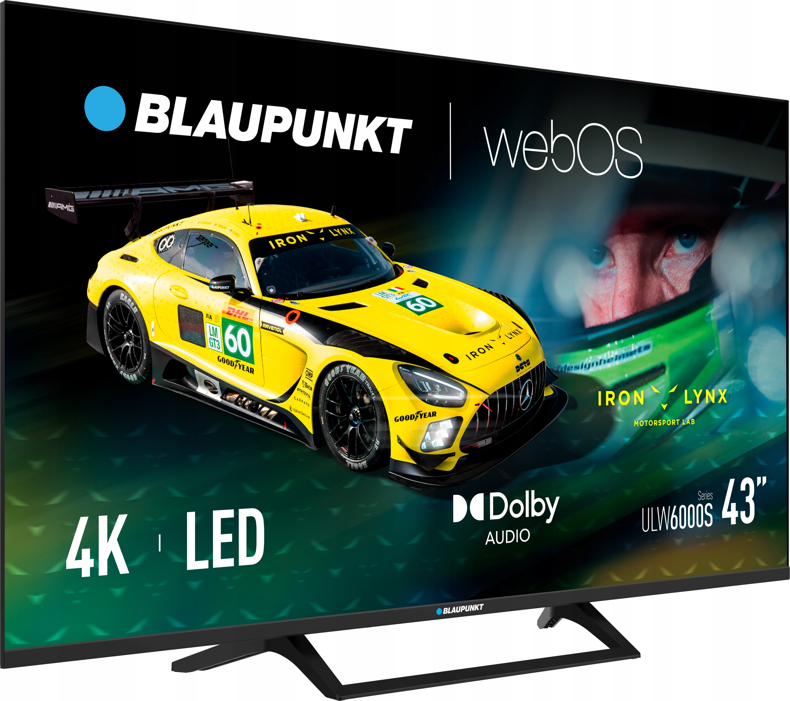 Schermo TV con immagine di auto da corsa. Auto gialla con il numero 60. Logo Blaupunkt in alto.