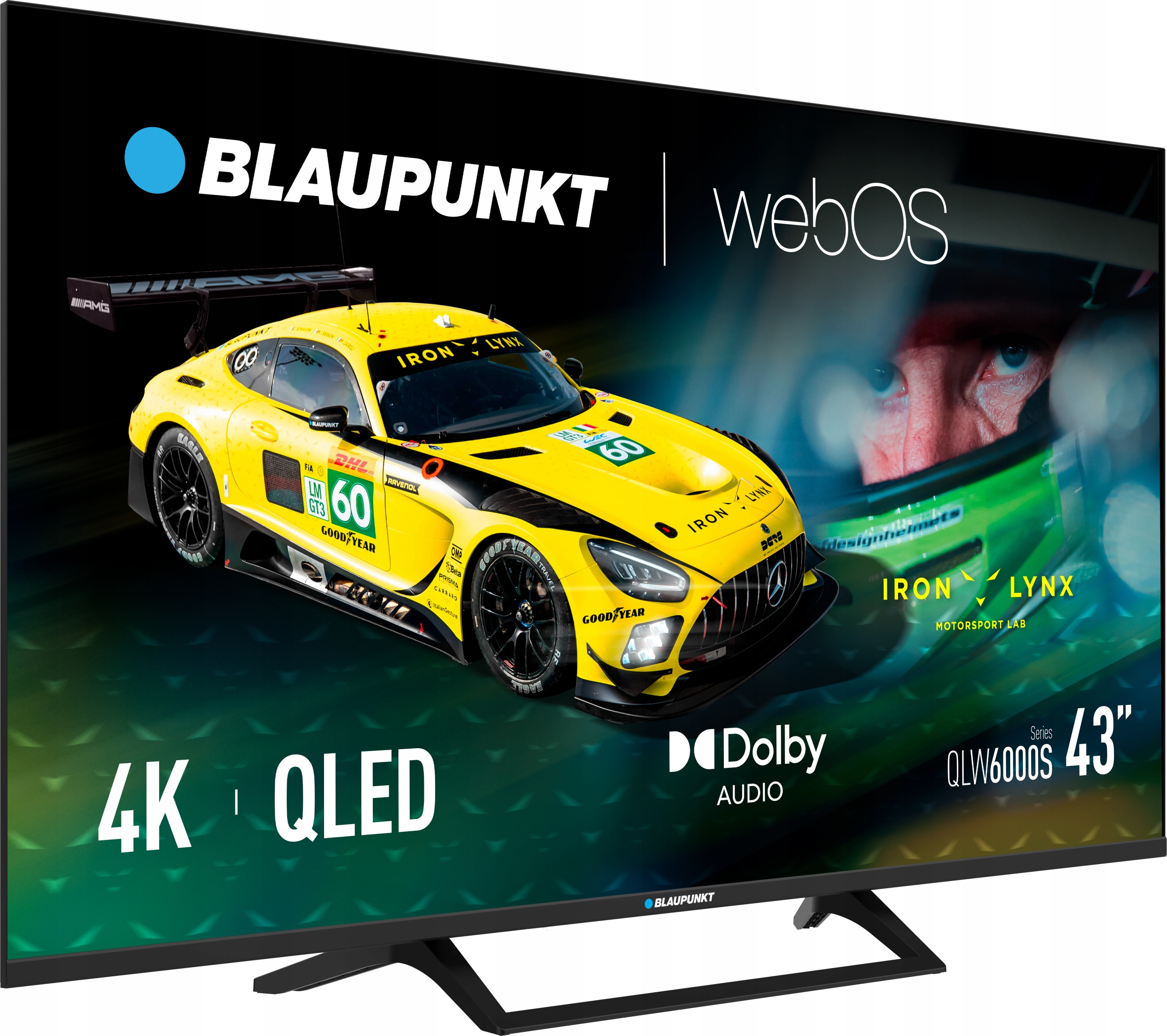 Un televisore Blaupunkt 4K QLED mostra un'auto da corsa gialla con le parole 'IRON LYNX' e il volto di un pilota.