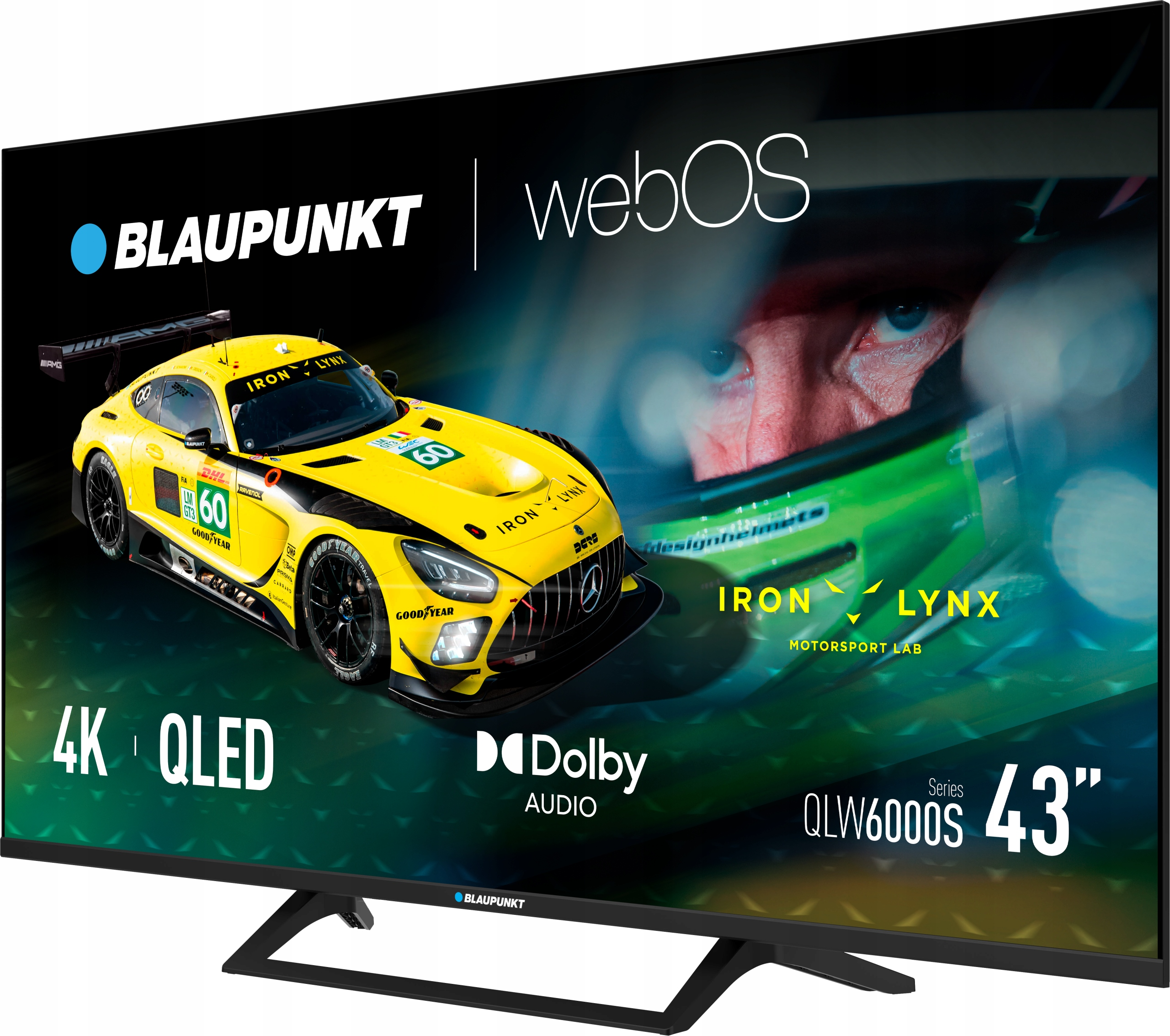 Un televisore Blaupunkt mostra un'auto da corsa gialla con il logo Iron Lynx. Caratteristiche: 4K QLED e Dolby Audio.
