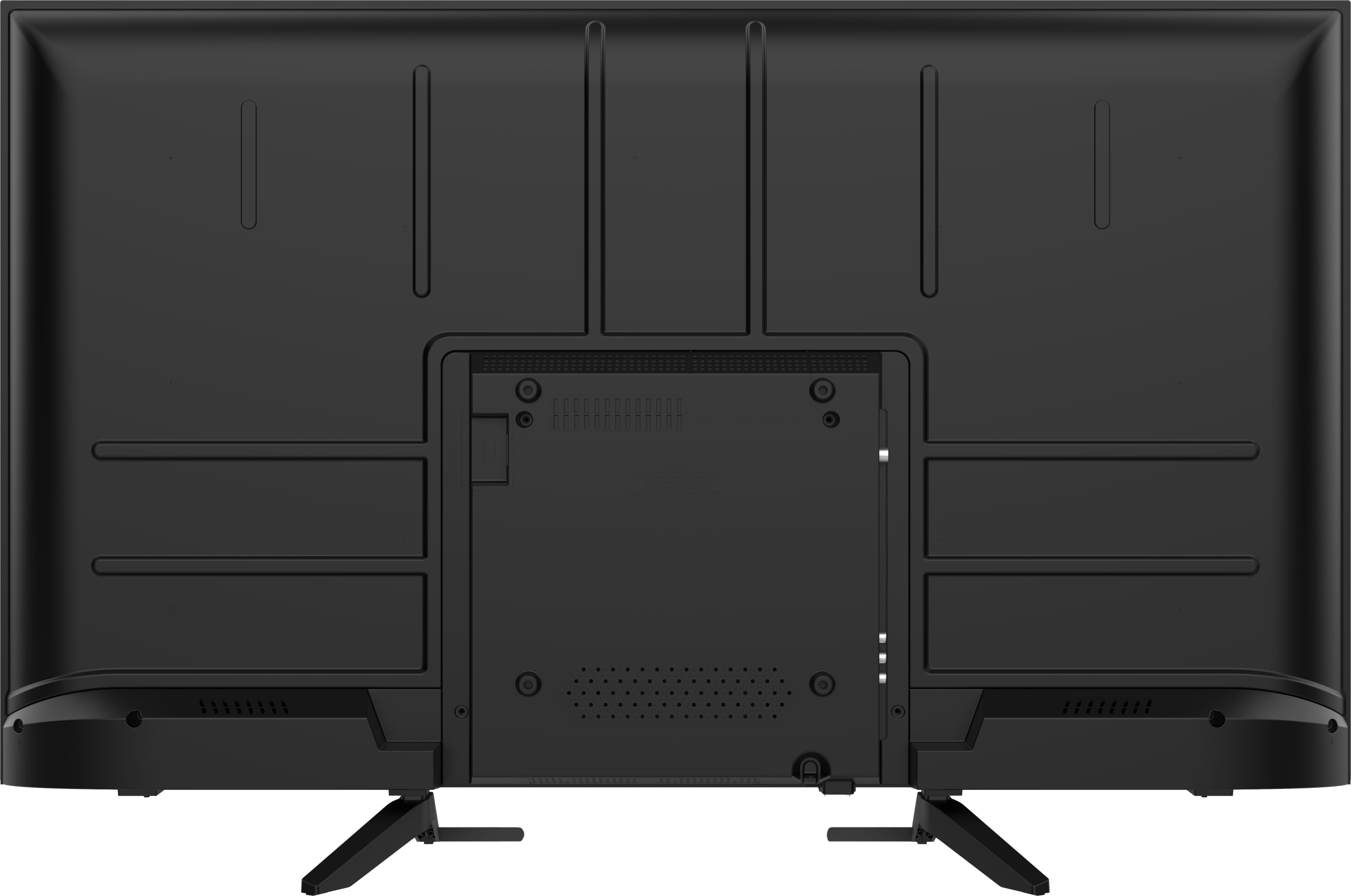 Vista posteriore di una TV nera. Presenta un pannello centrale con porte, fori di ventilazione e due gambe nere.