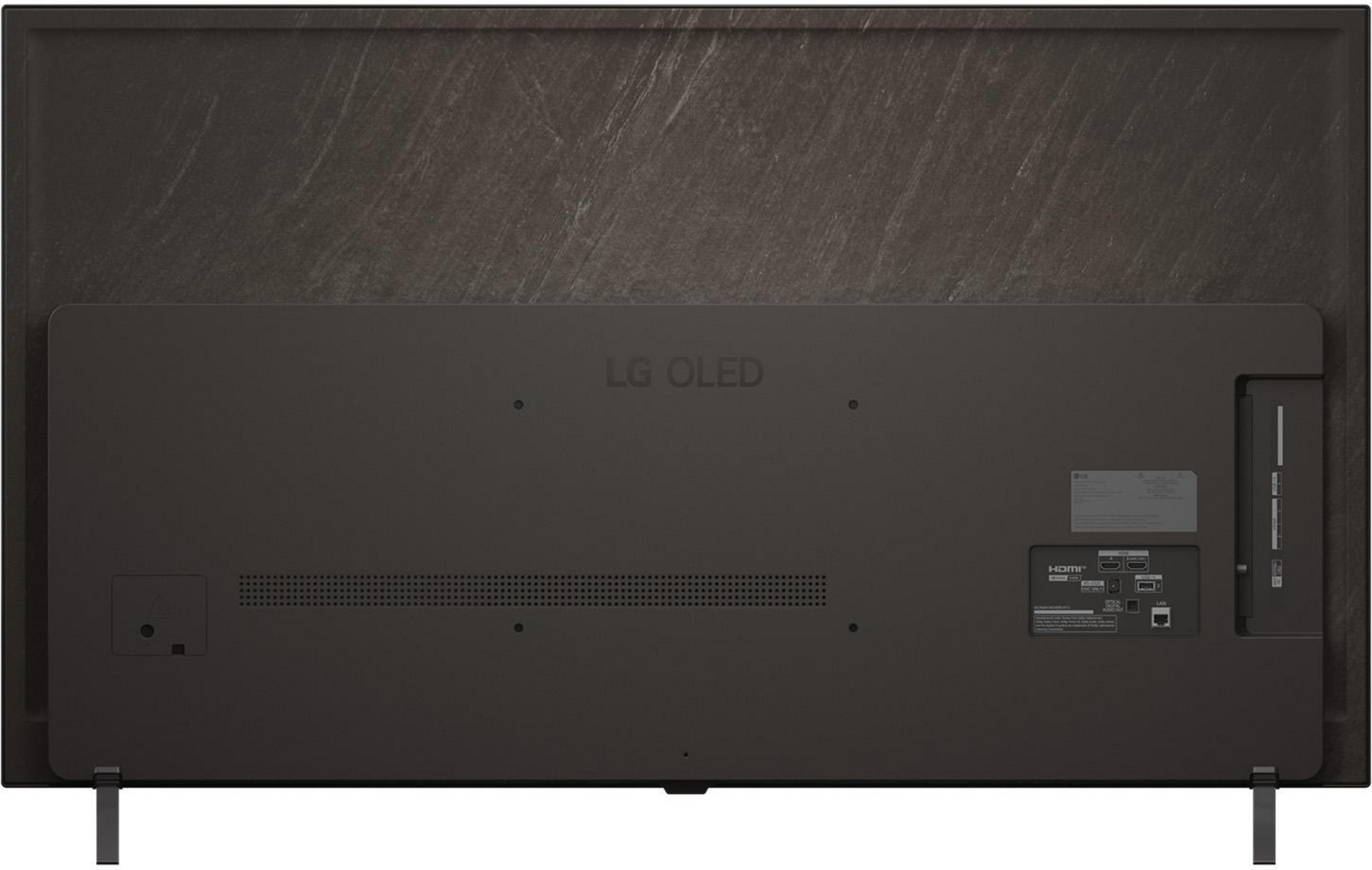 Arrière d'un téléviseur LG OLED gris foncé. Comprend des ports, des logos et un fond texturé.