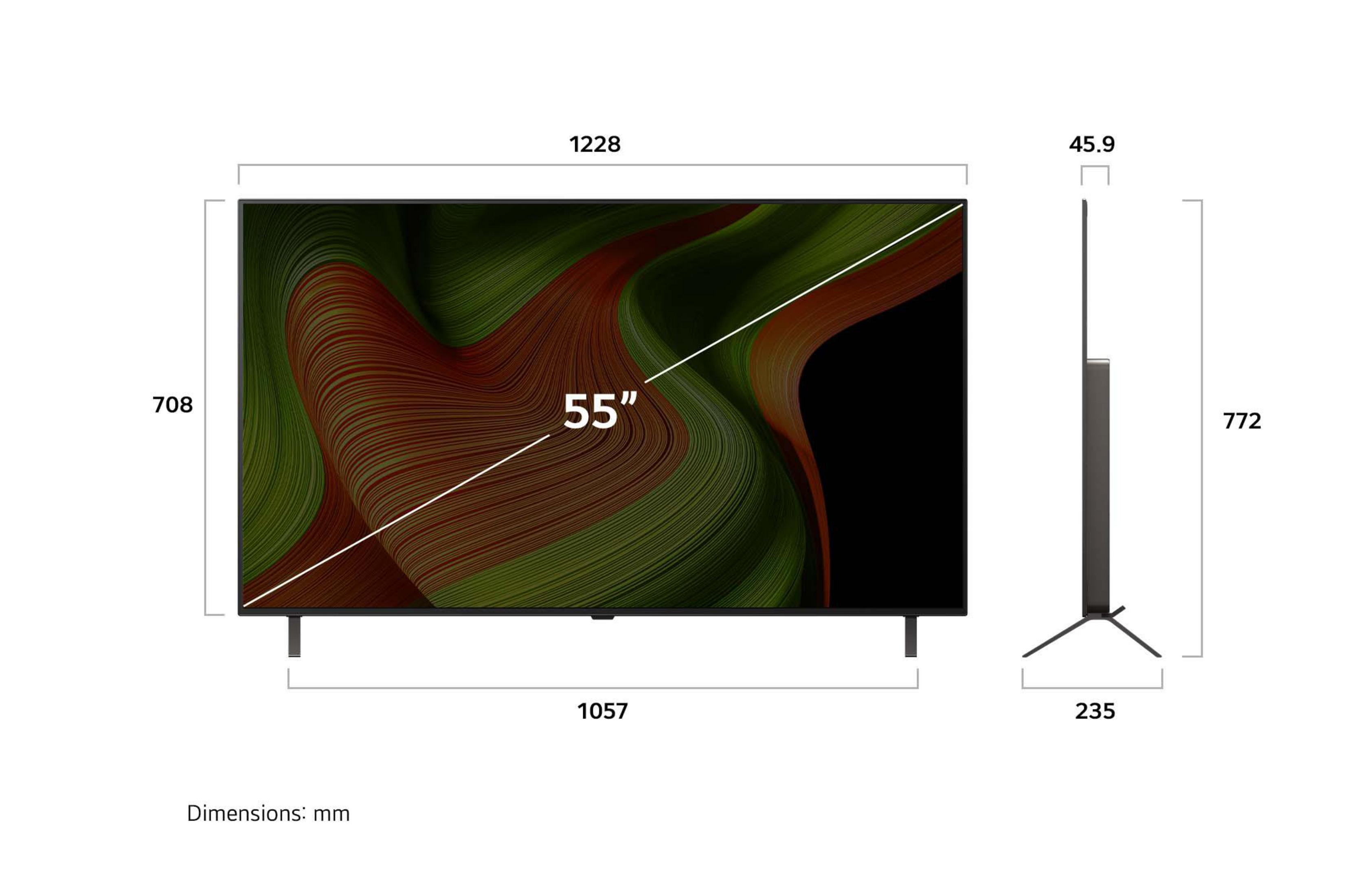 Un téléviseur de 55 pouces avec dimensions. Vue de face montre écran avec design vert et marron, vue latérale montre le support.