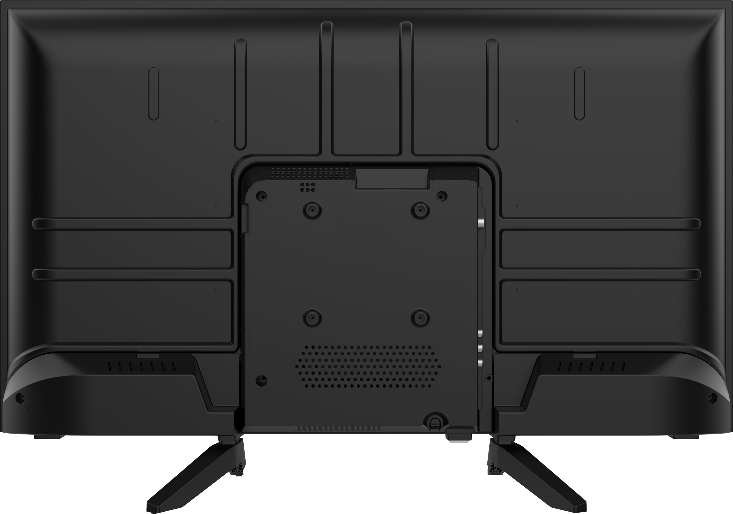 Widok z tyłu czarnego telewizora. Ma centralny wspornik montażowy, otwory wentylacyjne i porty połączeniowe. Dwie nogi podtrzymują telewizor.