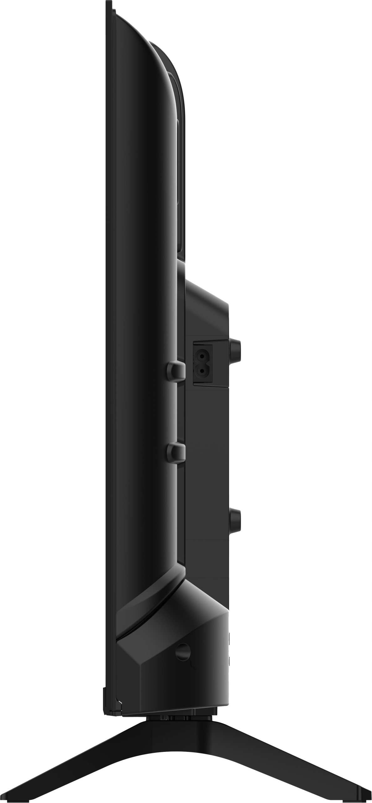 Widok z boku czarnego telewizora ze stojakiem. Telewizor ma gniazdo zasilania i stojak z trzema nogami. Białe tło.