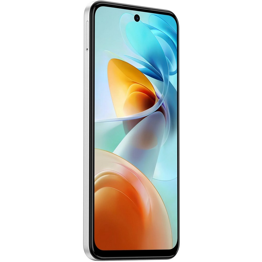 Uno smartphone con cornice bianca e schermo nero mostra una grafica astratta colorata con forme arancioni, blu e bianche.