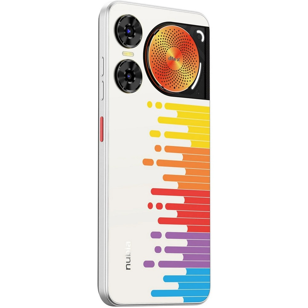 Smartphone bianco con design equalizzatore colorato. Caratteristiche: lenti della fotocamera, grafica dell'altoparlante e marchio Nubia.