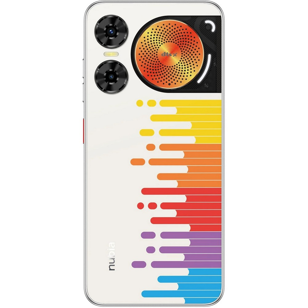 Un telefono bianco con un design colorato. Ha tre fotocamere, un design dell'altoparlante e la parola nubia in basso.