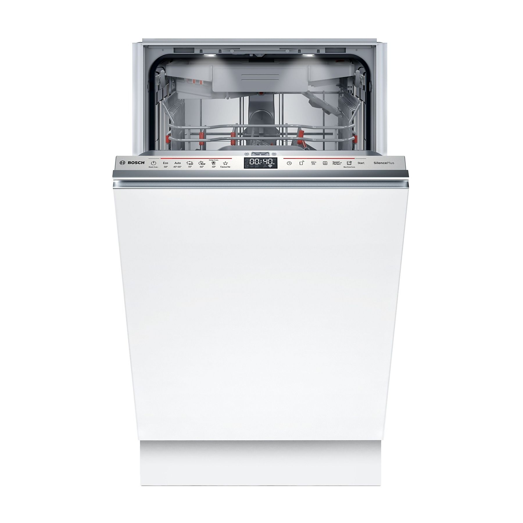 Biała zmywarka Bosch z otwartymi drzwiami, pokazująca wnętrze i panel sterowania z timerem.