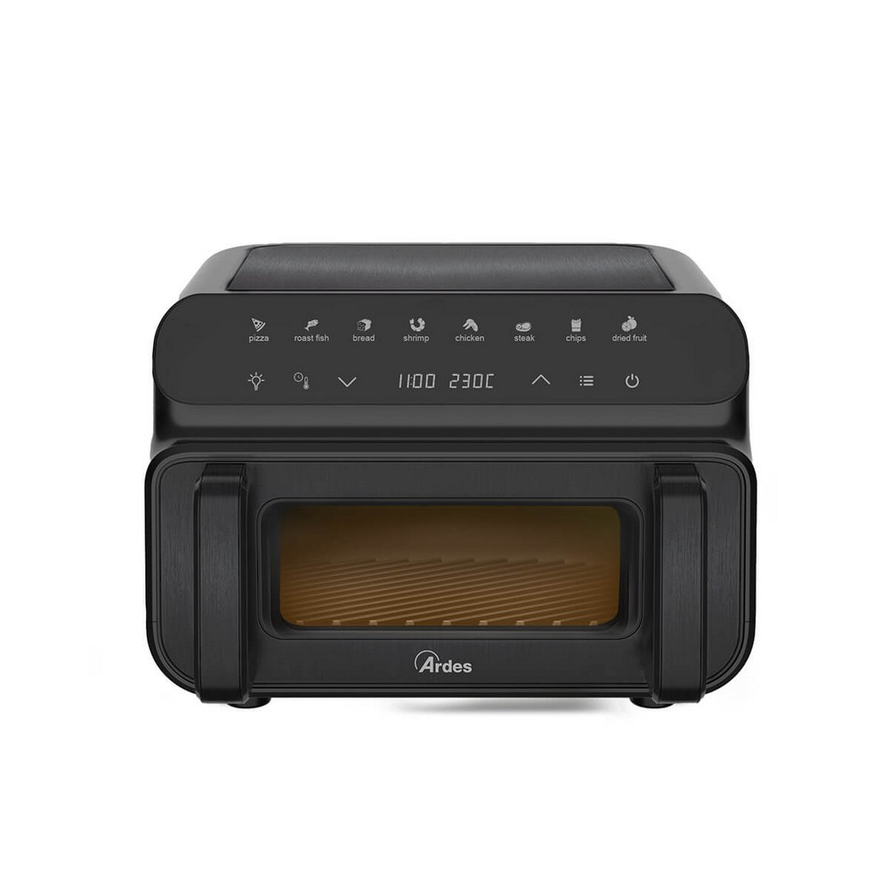 Ein schwarzer Airfryer mit digitaler Anzeige für Zeit und Temperatur sowie Essenssymbolen. Die Marke ist Ardes.