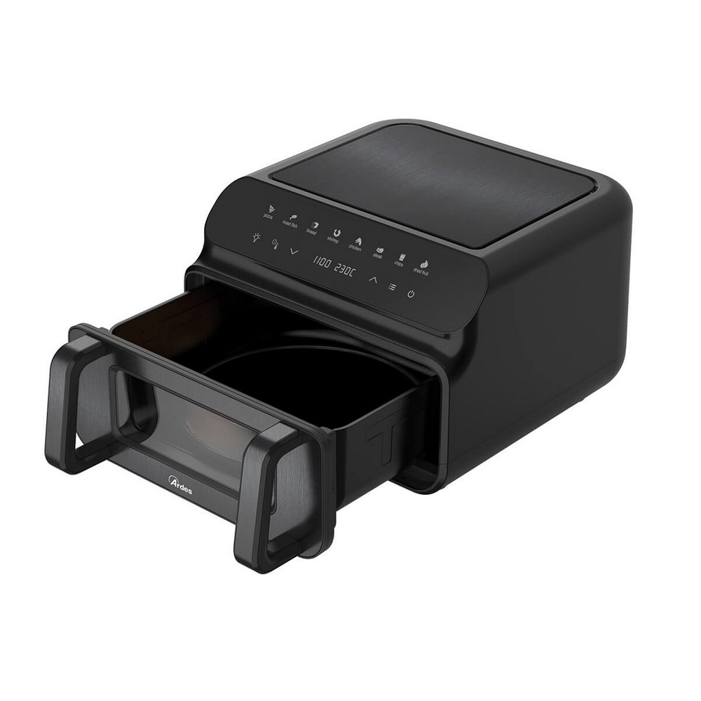 Ein schwarzer Airfryer mit geöffneter Schublade. Oben befinden sich Bedienelemente. Die Temperaturanzeige zeigt 1100 und 2300 an.