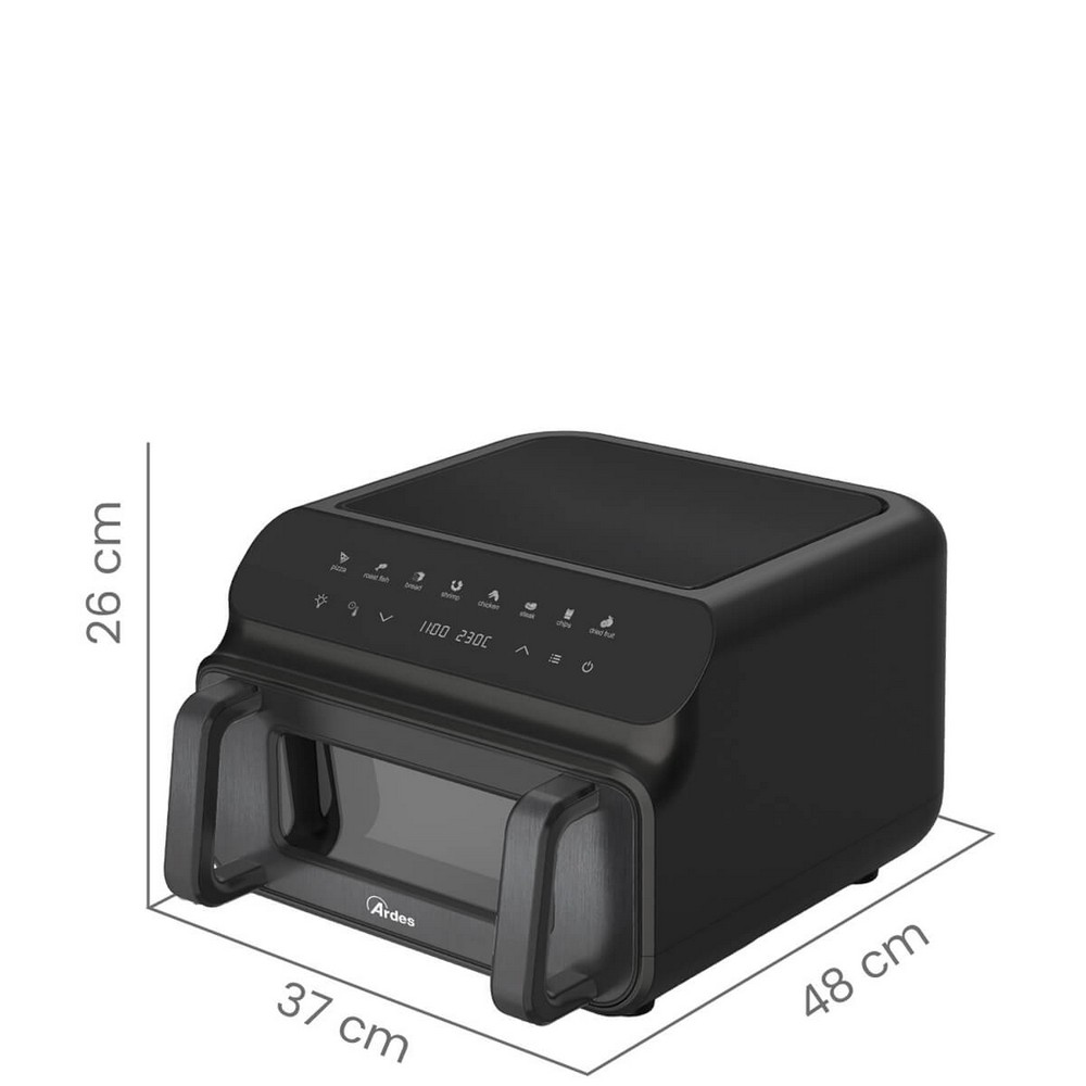Ein schwarzer Airfryer mit transparenter Tür. Abmessungen: 26cm x 37cm x 48cm. Bedienfeld oben mit verschiedenen Kochoptionen.