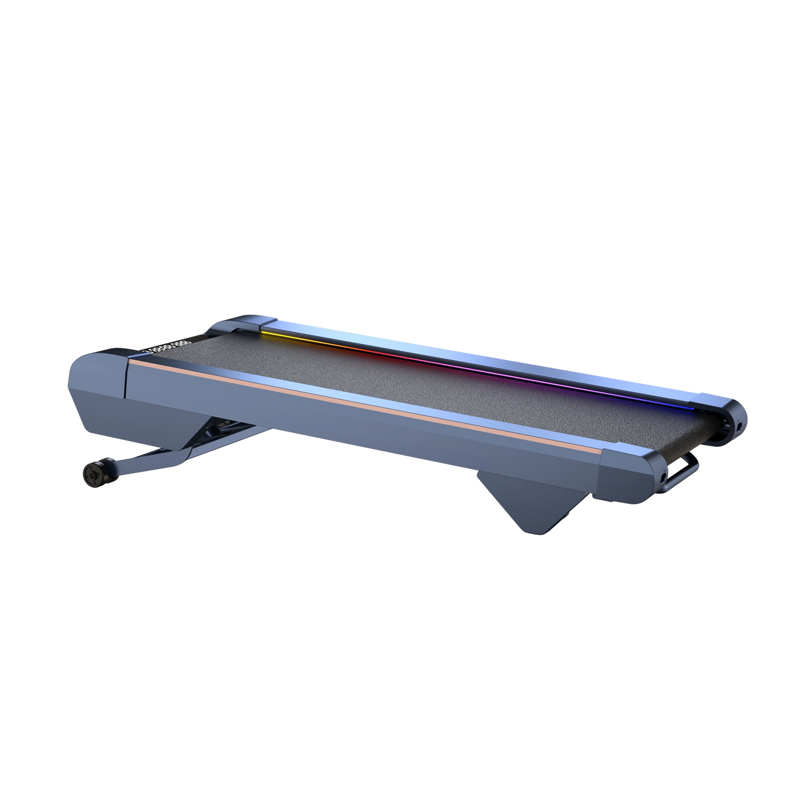 Niebieska bieżnia na białym tle. Ma pas do biegania i panel sterowania z kolorowymi światłami.