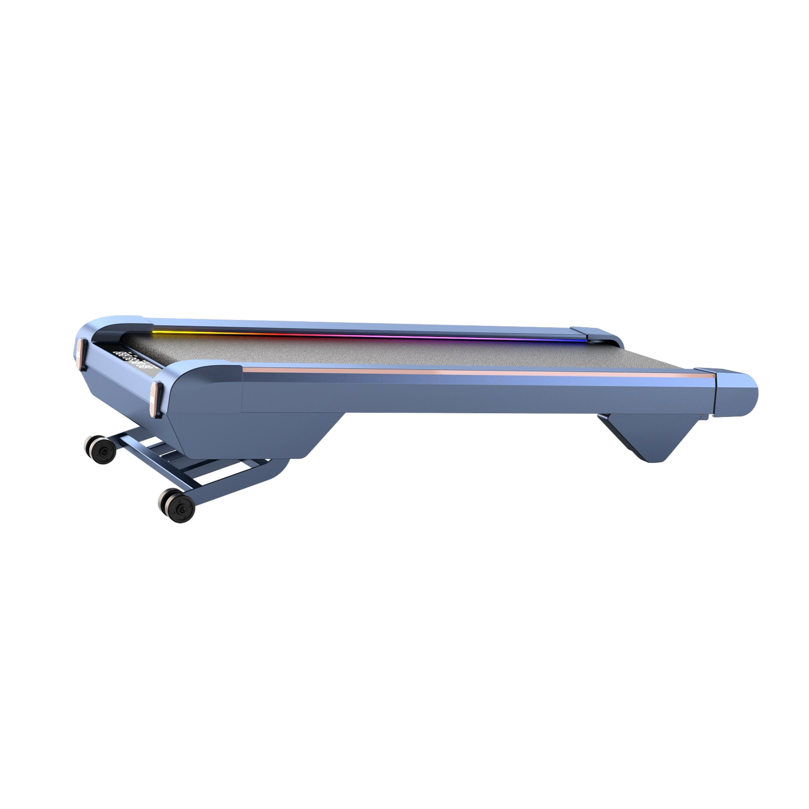 Niebieska bieżnia z paskiem świetlnym. Ma koła i szarą powierzchnię. Tło jest białe.