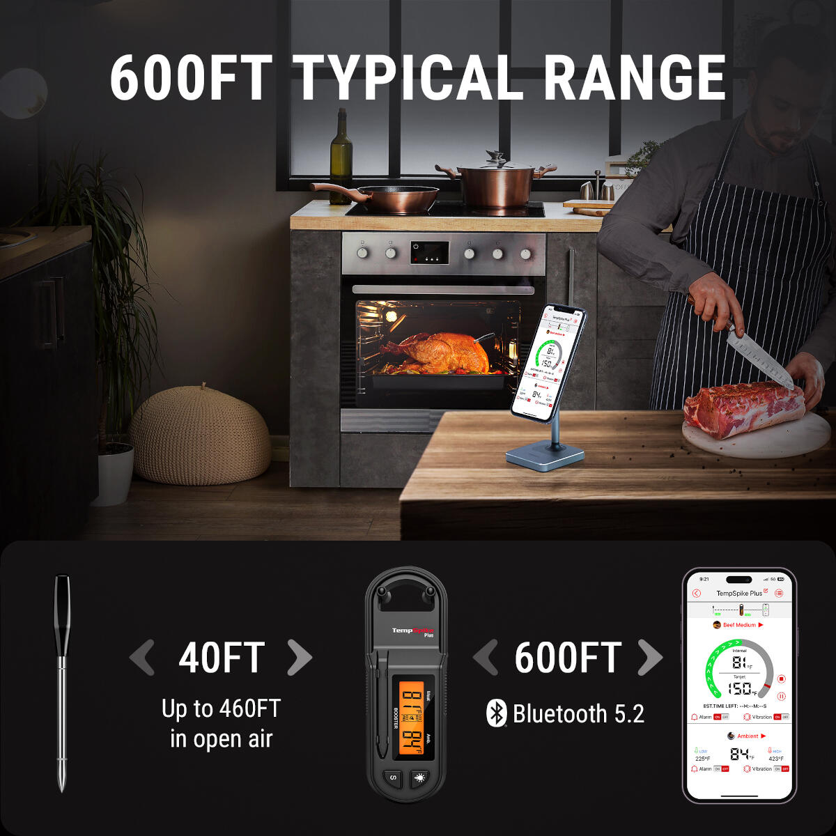 A man in an apron cuts meat. A phone displays cooking data. An oven and a thermometer are also visible.